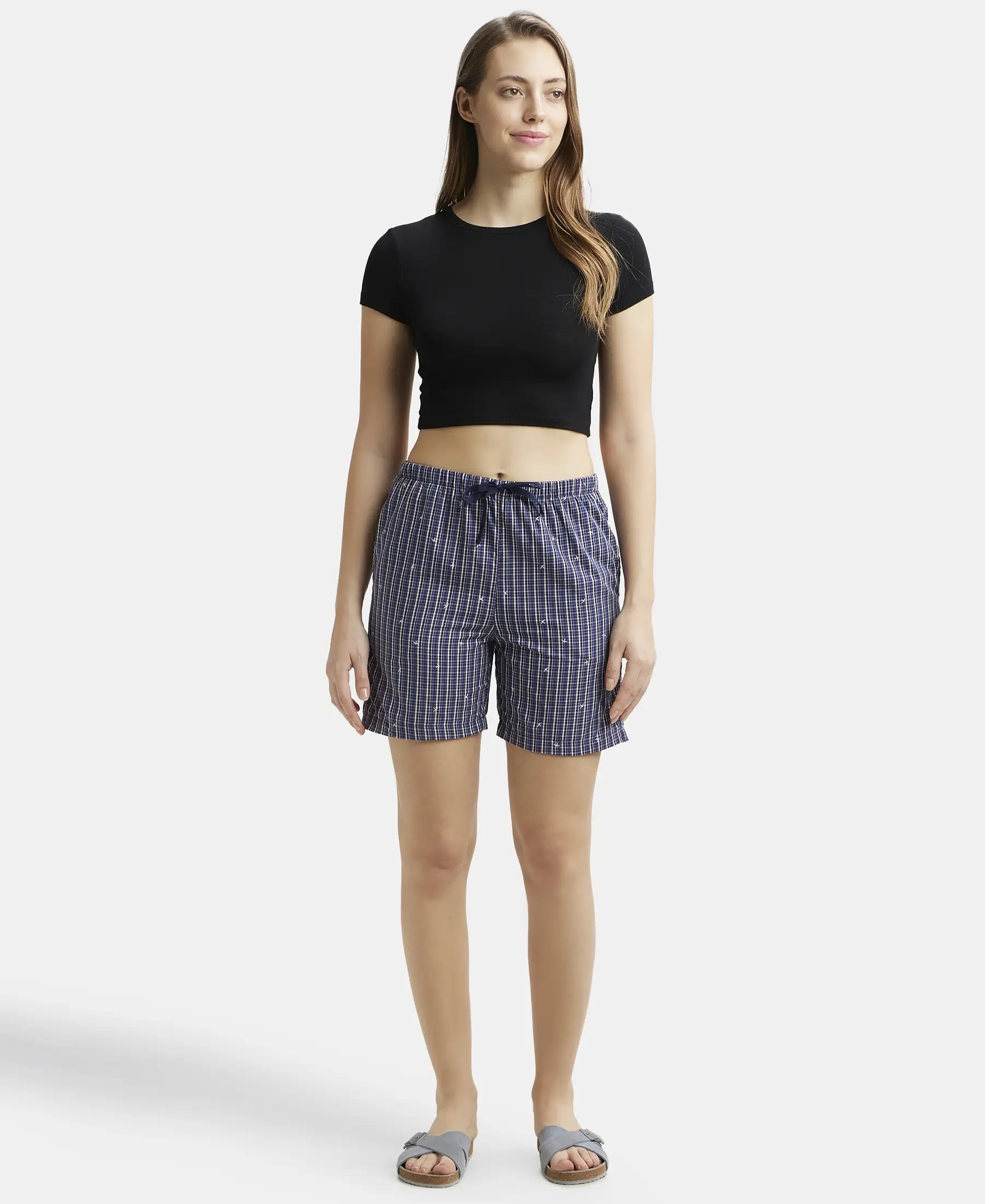 Super Combed Cotton Yarn Dyed Woven Relaxed Fit Striped Shorts with Side Pockets - Classic Navy Assorted Checks - Image 6