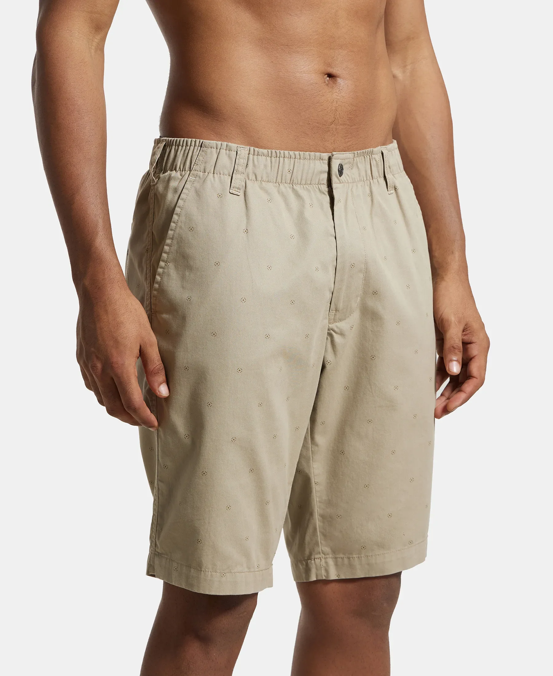 Super Combed Mercerised Cotton Woven Printed Straight Fit Shorts with Side Pockets - Khaki - Image 3