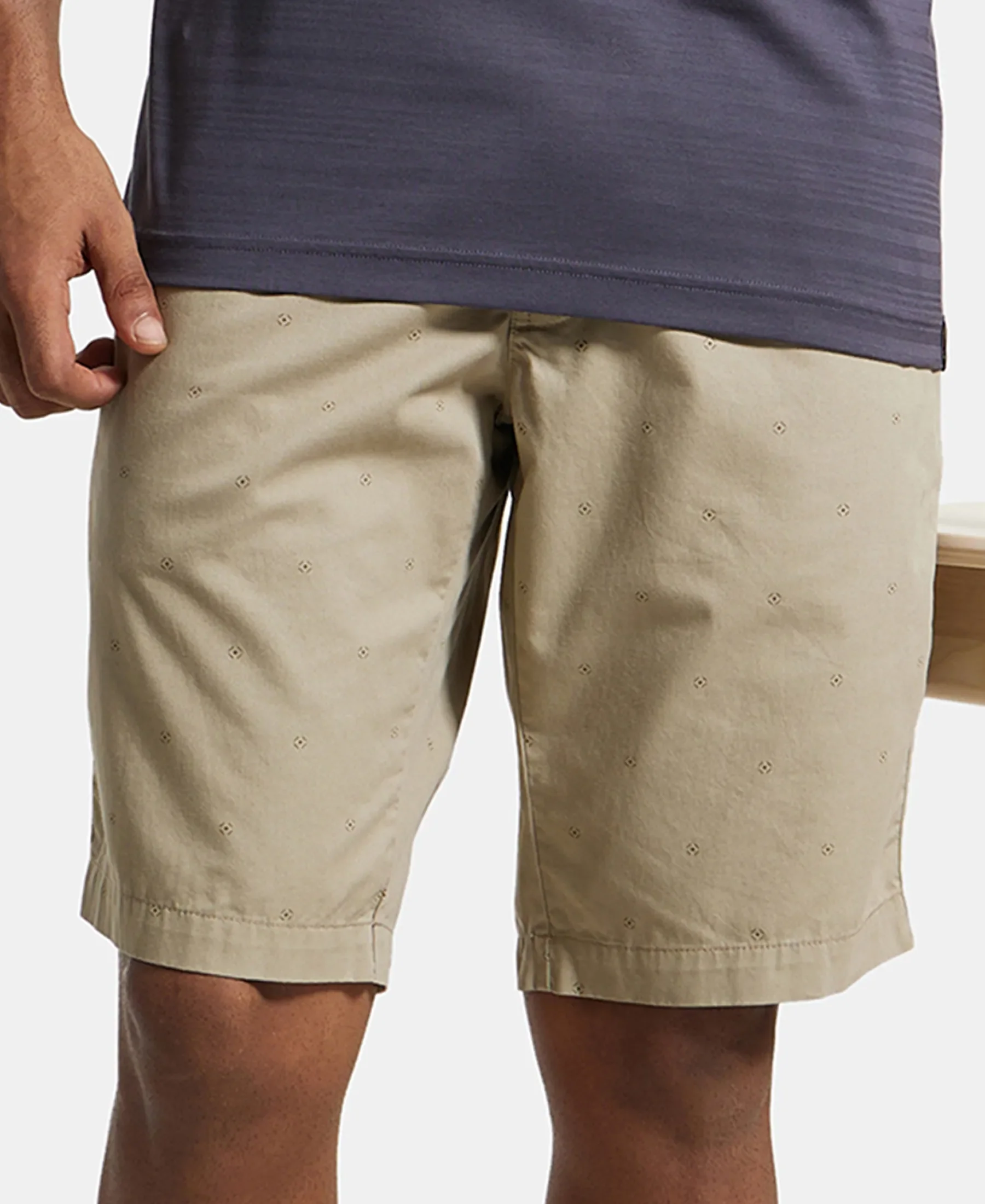 Super Combed Mercerised Cotton Woven Printed Straight Fit Shorts with Side Pockets - Khaki - Image 5