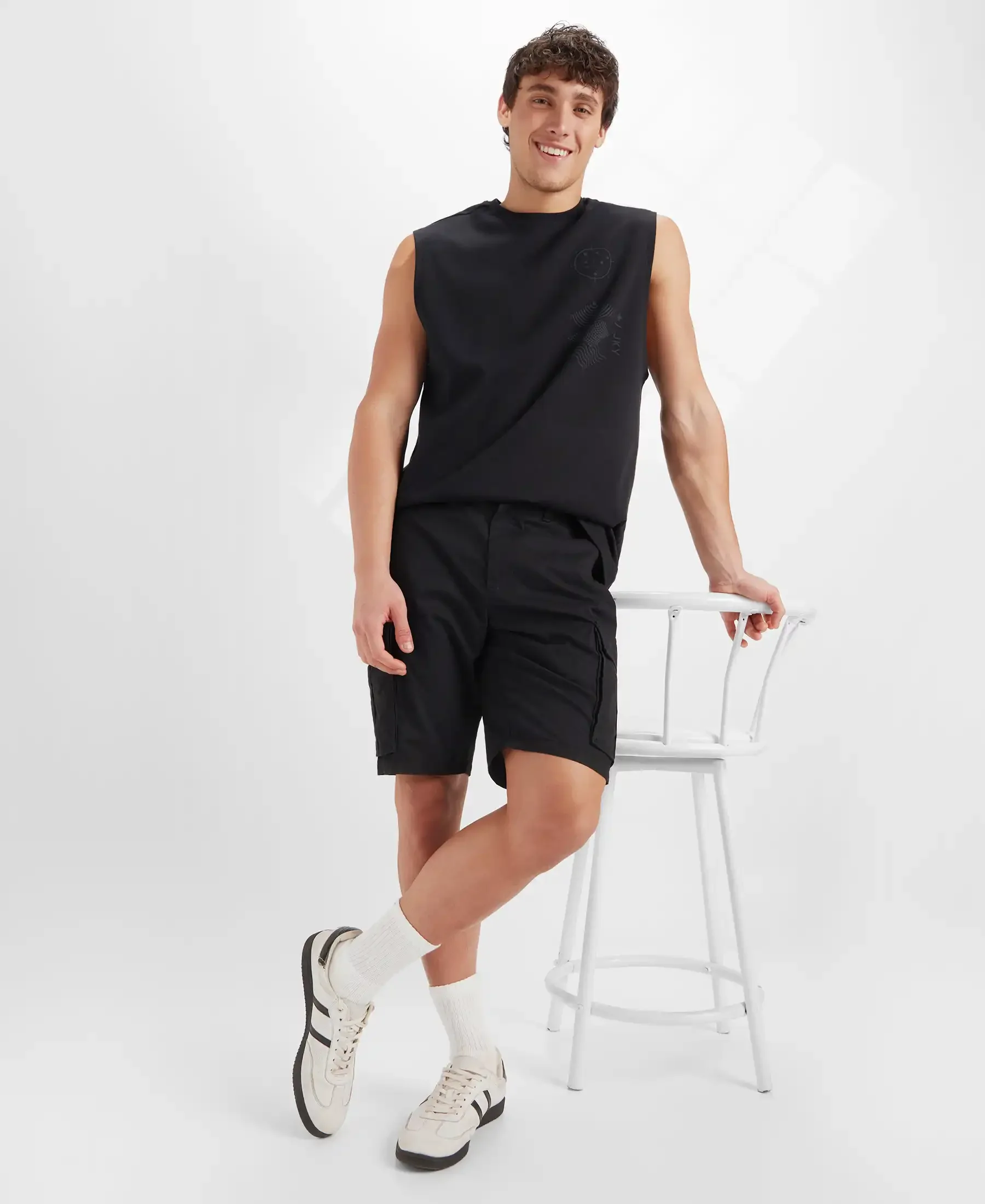 Super Combed Cotton Woven Straight Fit Cargo Shorts with Seven Pockets - Black - Image 6