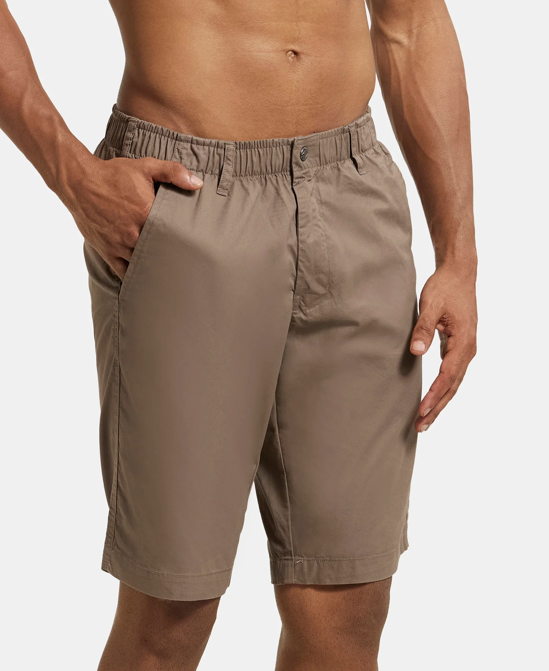 Super Combed Mercerised Cotton Woven Straight Fit Shorts with Side Pockets - Dark Khaki - Image 2