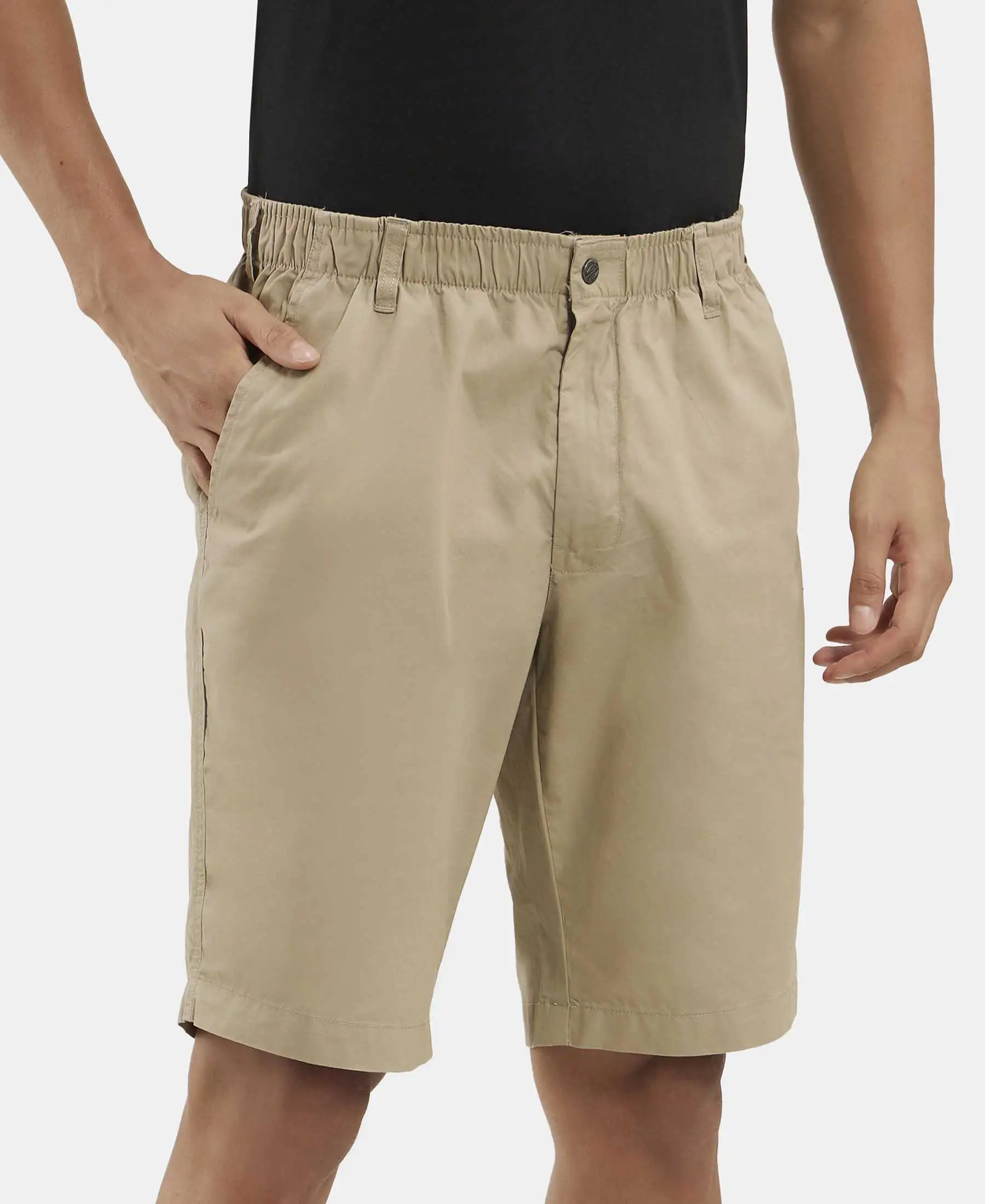Super Combed Mercerised Cotton Woven Straight Fit Shorts with Side Pockets - Khaki - Image 2