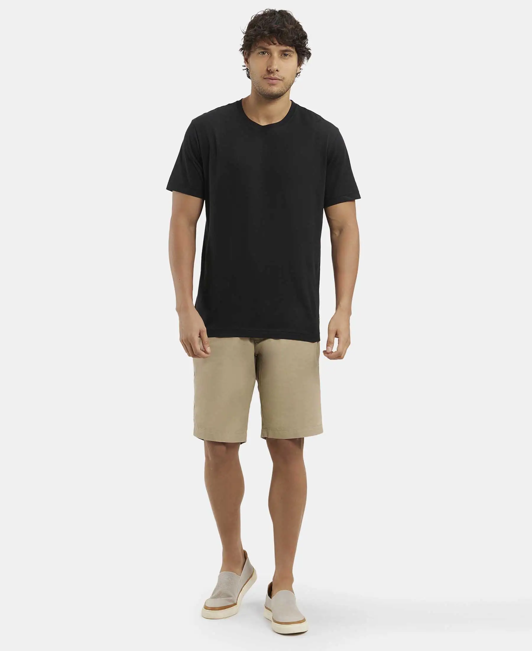Super Combed Mercerised Cotton Woven Straight Fit Shorts with Side Pockets - Khaki - Image 4