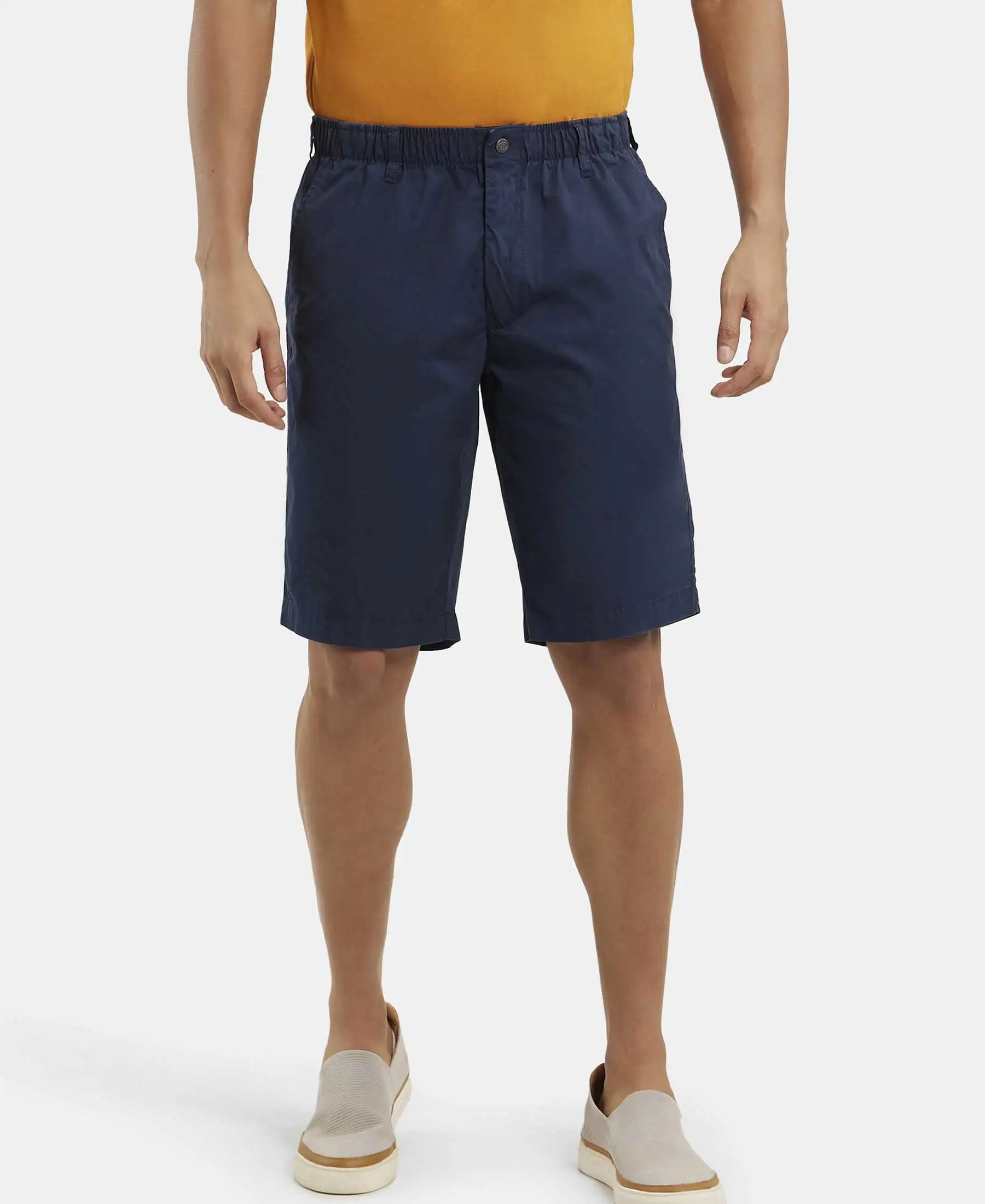 Super Combed Mercerised Cotton Woven Straight Fit Shorts with Side Pockets - Navy - Image 5