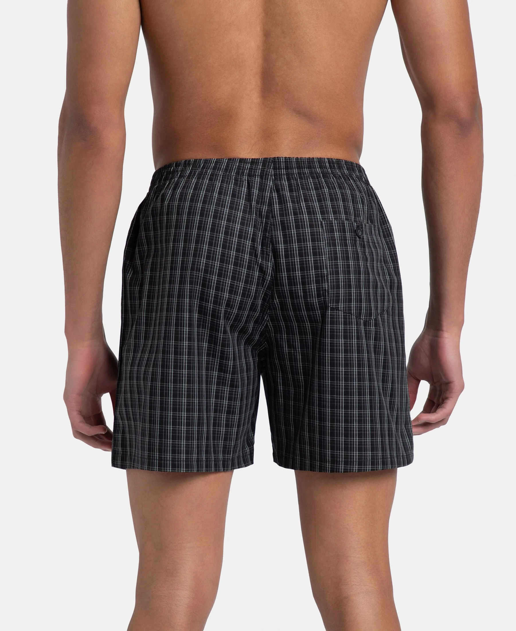 Super Combed Mercerized Cotton Woven Checkered Boxer Shorts with Back Pocket - Black & Slate (Pack of 2) - Image 4