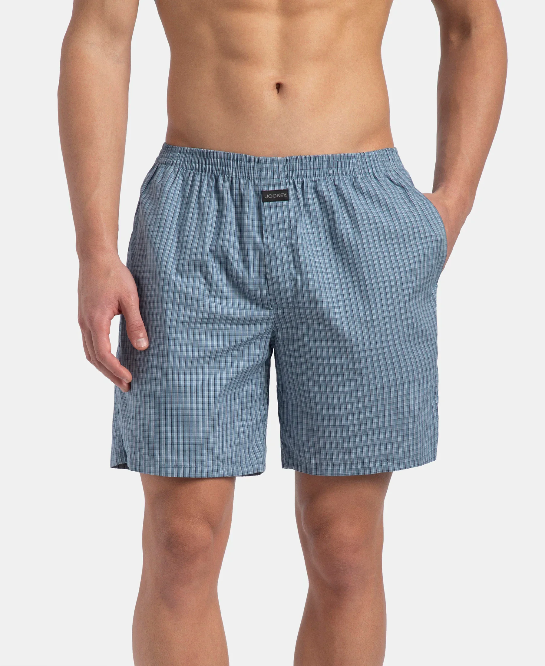 Super Combed Mercerized Cotton Woven Checkered Boxer Shorts with Back Pocket - Navy & Blue Shadow New (Pack of 2) - Image 2