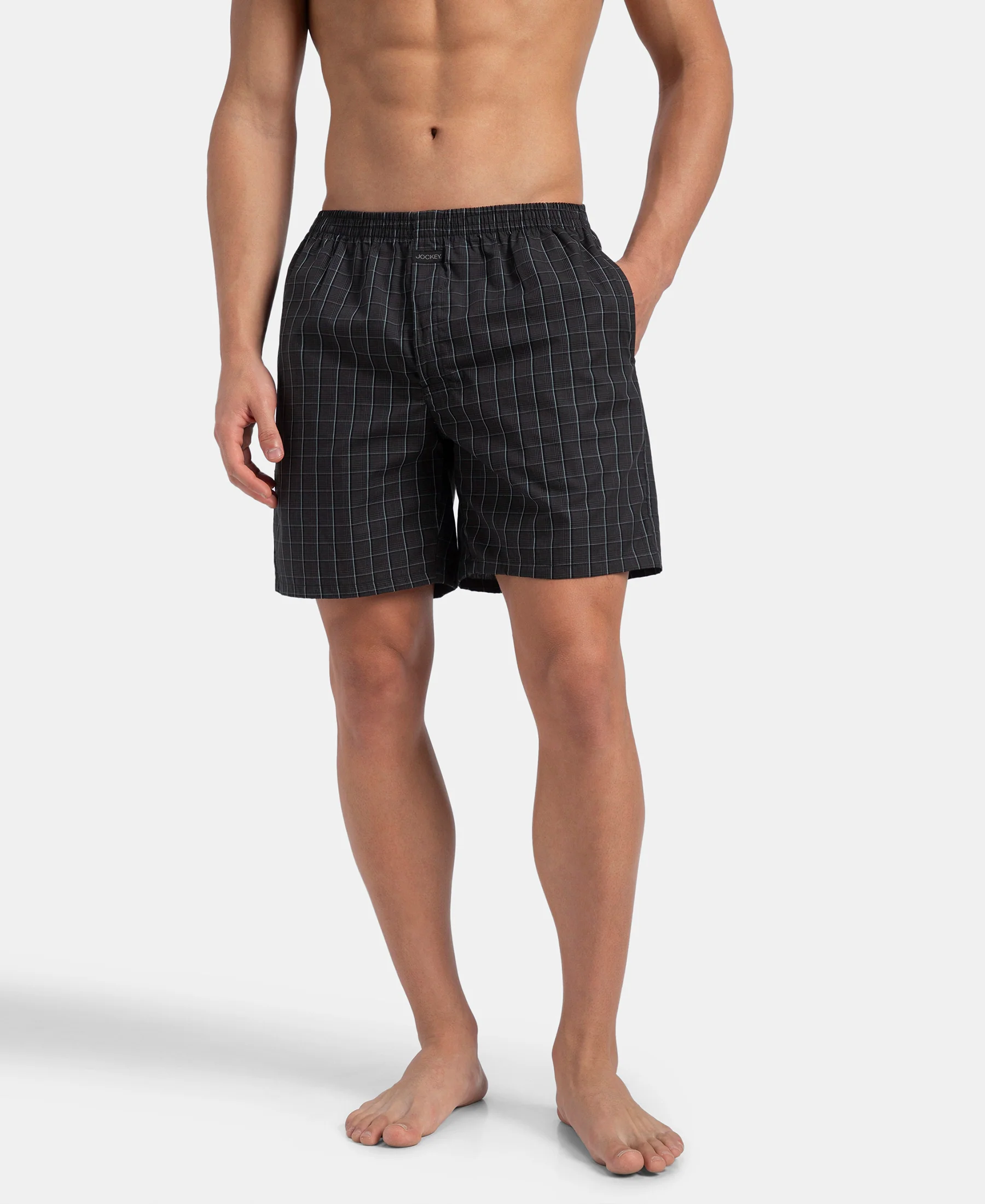 Super Combed Mercerized Cotton Woven Checkered Boxer Shorts with Side Pocket - Grey & Black (Pack of 2) - Image 11
