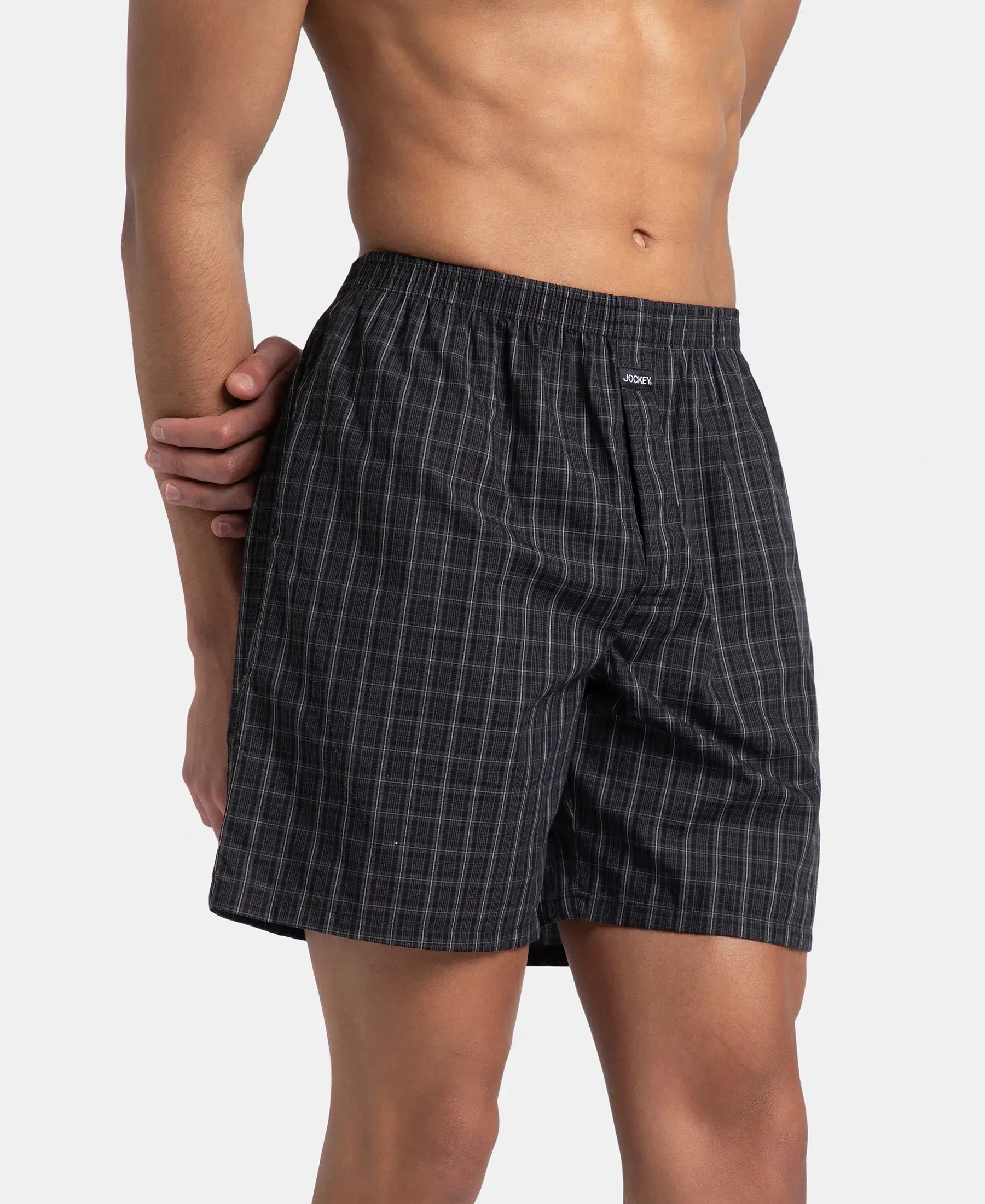 Super Combed Mercerized Cotton Woven Checkered Boxer Shorts with Side Pocket - Grey & Black (Pack of 2) - Image 10