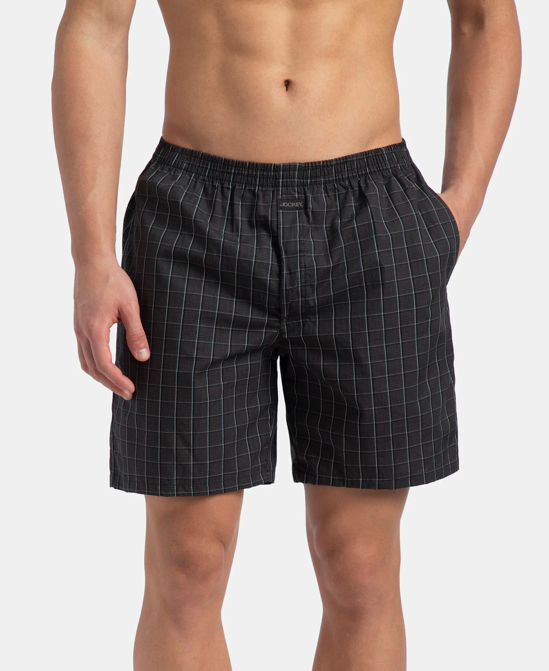 Super Combed Mercerized Cotton Woven Checkered Boxer Shorts with Side Pocket - Grey & Black (Pack of 2) - Image 2