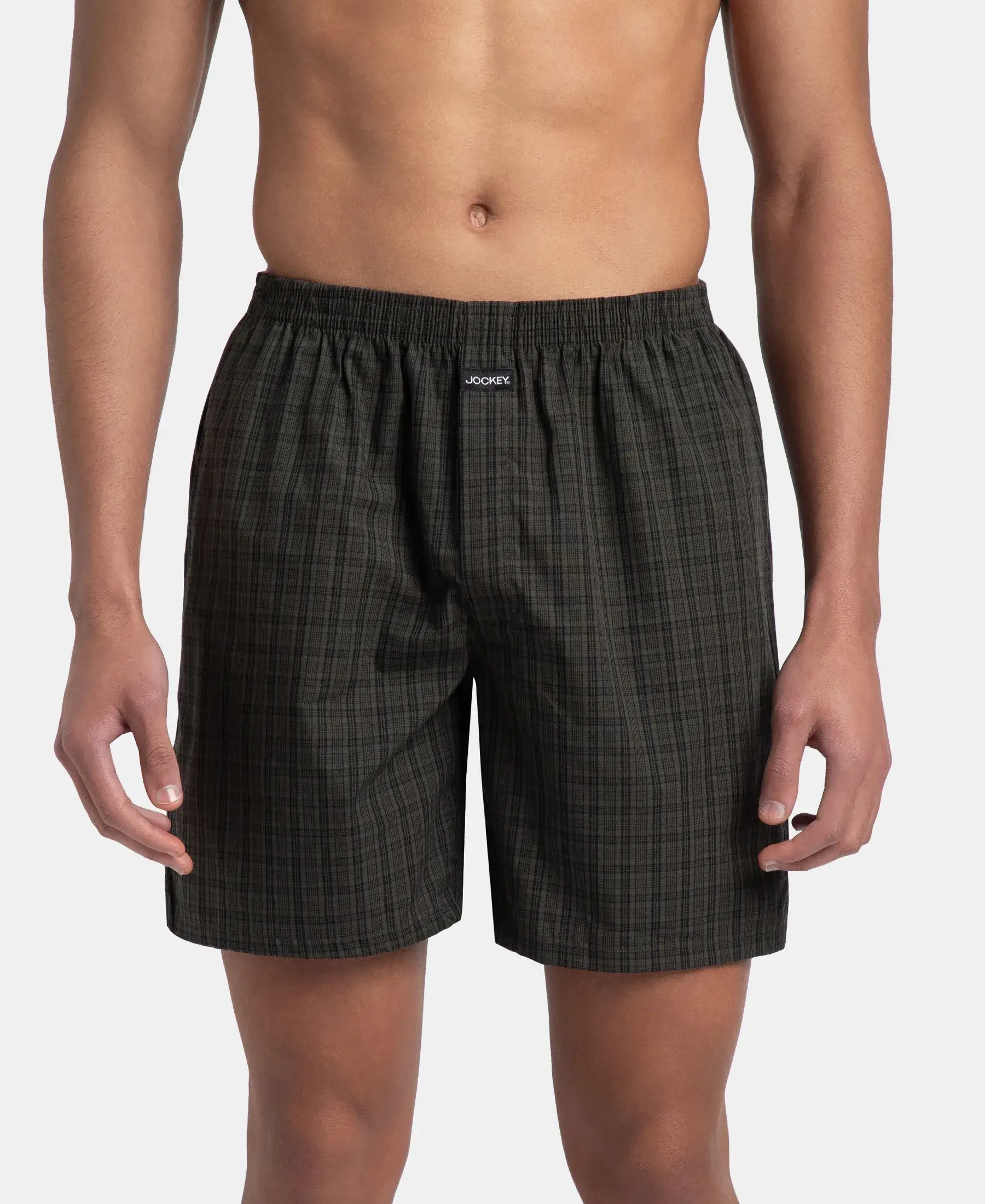 Super Combed Mercerized Cotton Woven Checkered Boxer Shorts with Side Pocket - Grey & Deep Olive (Pack of 2) - Image 2