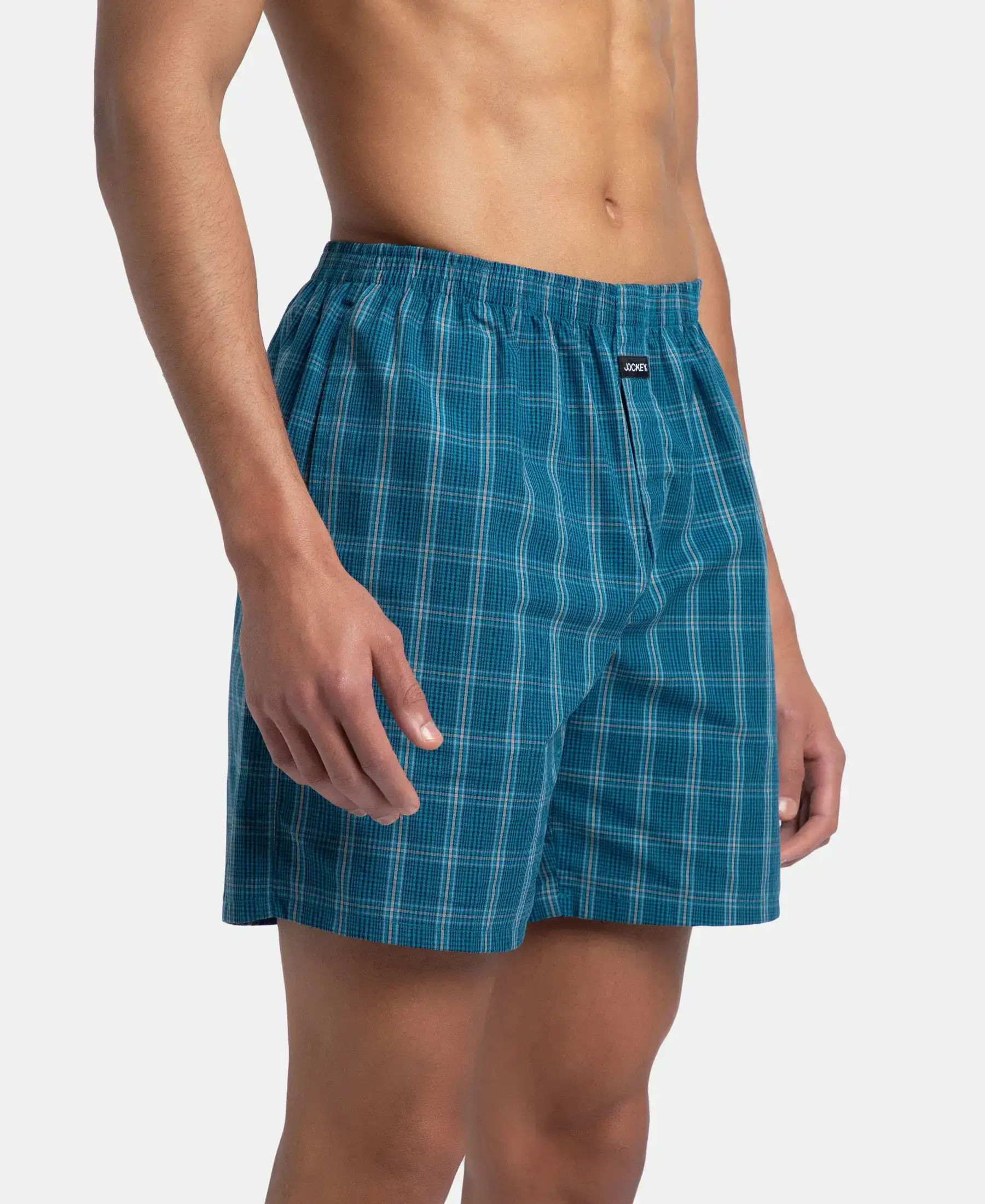 Super Combed Mercerized Cotton Woven Checkered Boxer Shorts with Side Pocket - Navy & Seaport Teal (Pack of 2) - Image 11