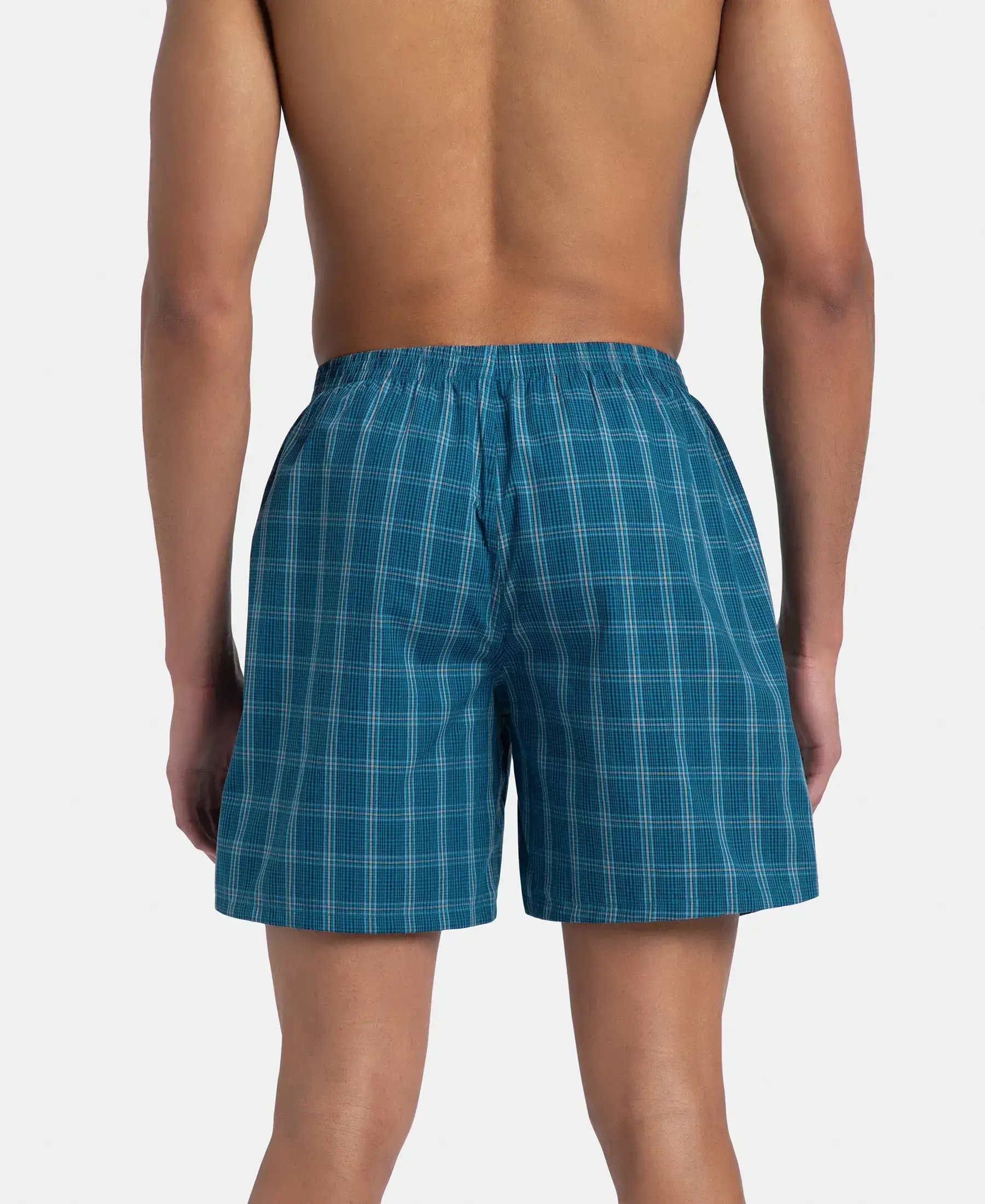 Super Combed Mercerized Cotton Woven Checkered Boxer Shorts with Side Pocket - Navy & Seaport Teal (Pack of 2) - Image 12