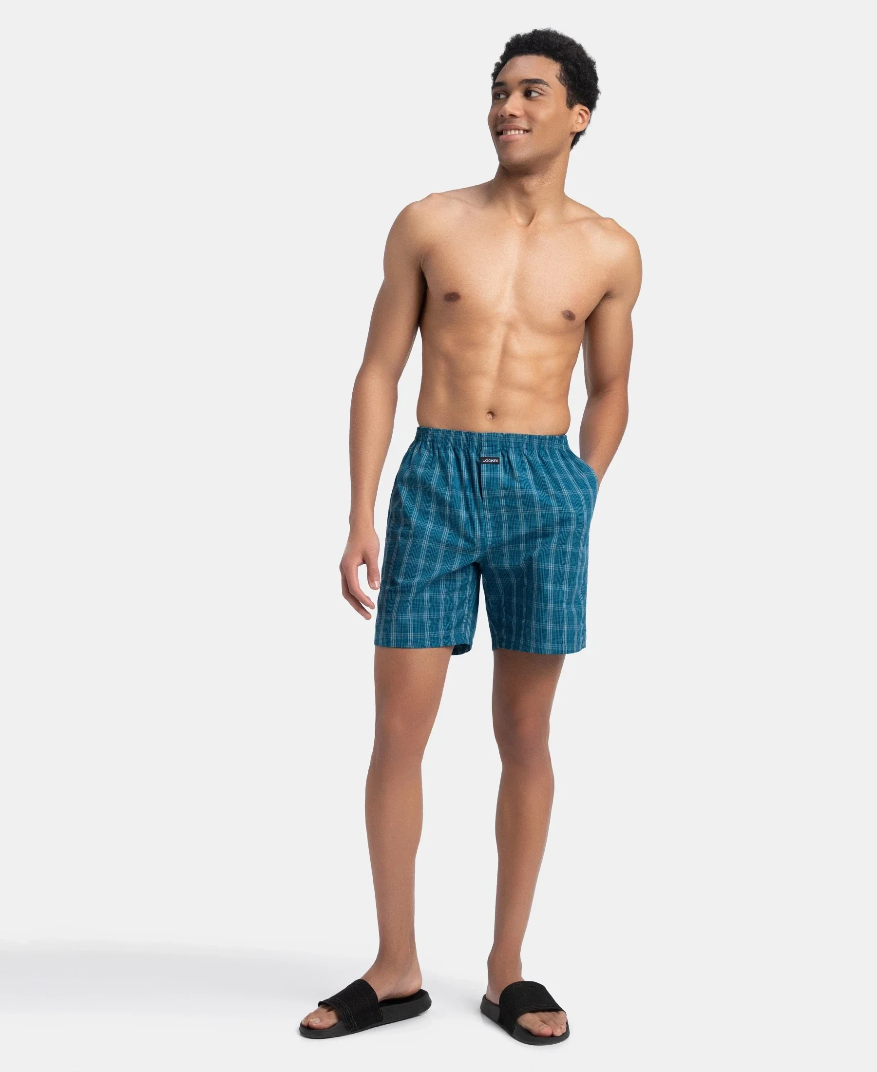 Super Combed Mercerized Cotton Woven Checkered Boxer Shorts with Side Pocket - Navy & Seaport Teal (Pack of 2) - Image 13