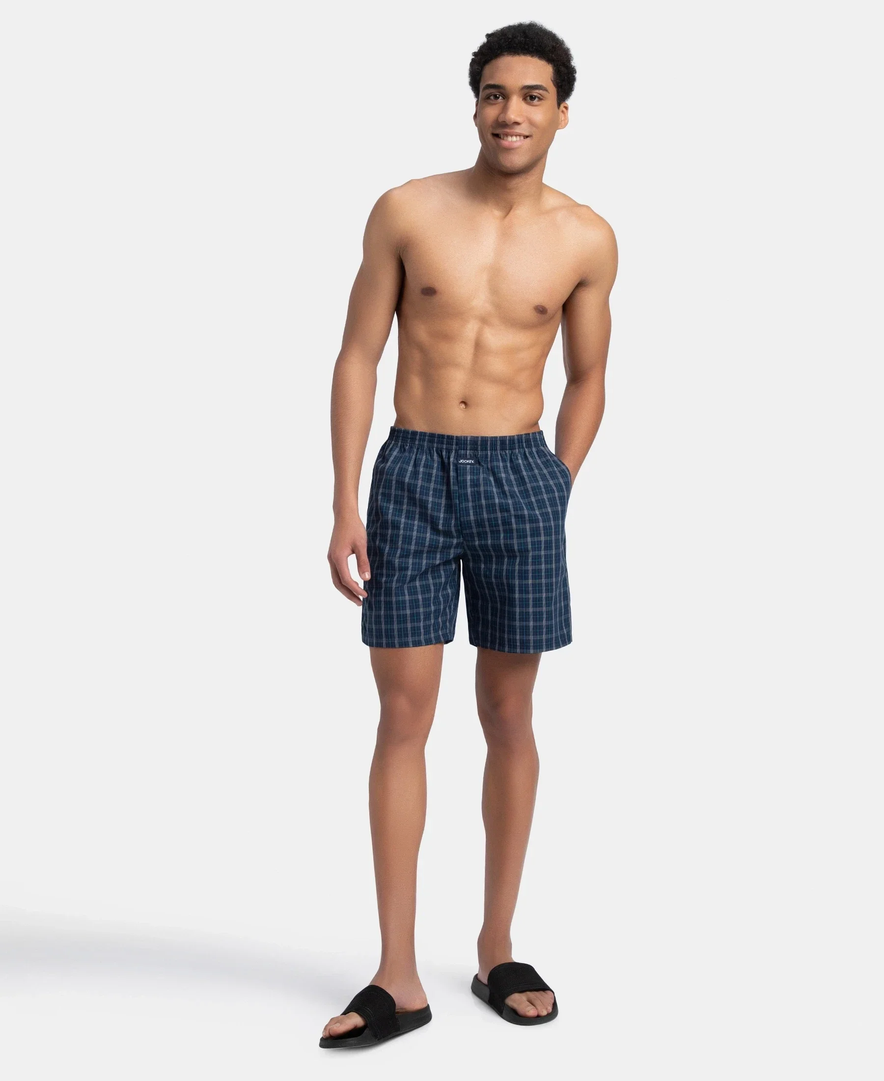 Super Combed Mercerized Cotton Woven Checkered Boxer Shorts with Side Pocket - Navy & Seaport Teal (Pack of 2) - Image 4