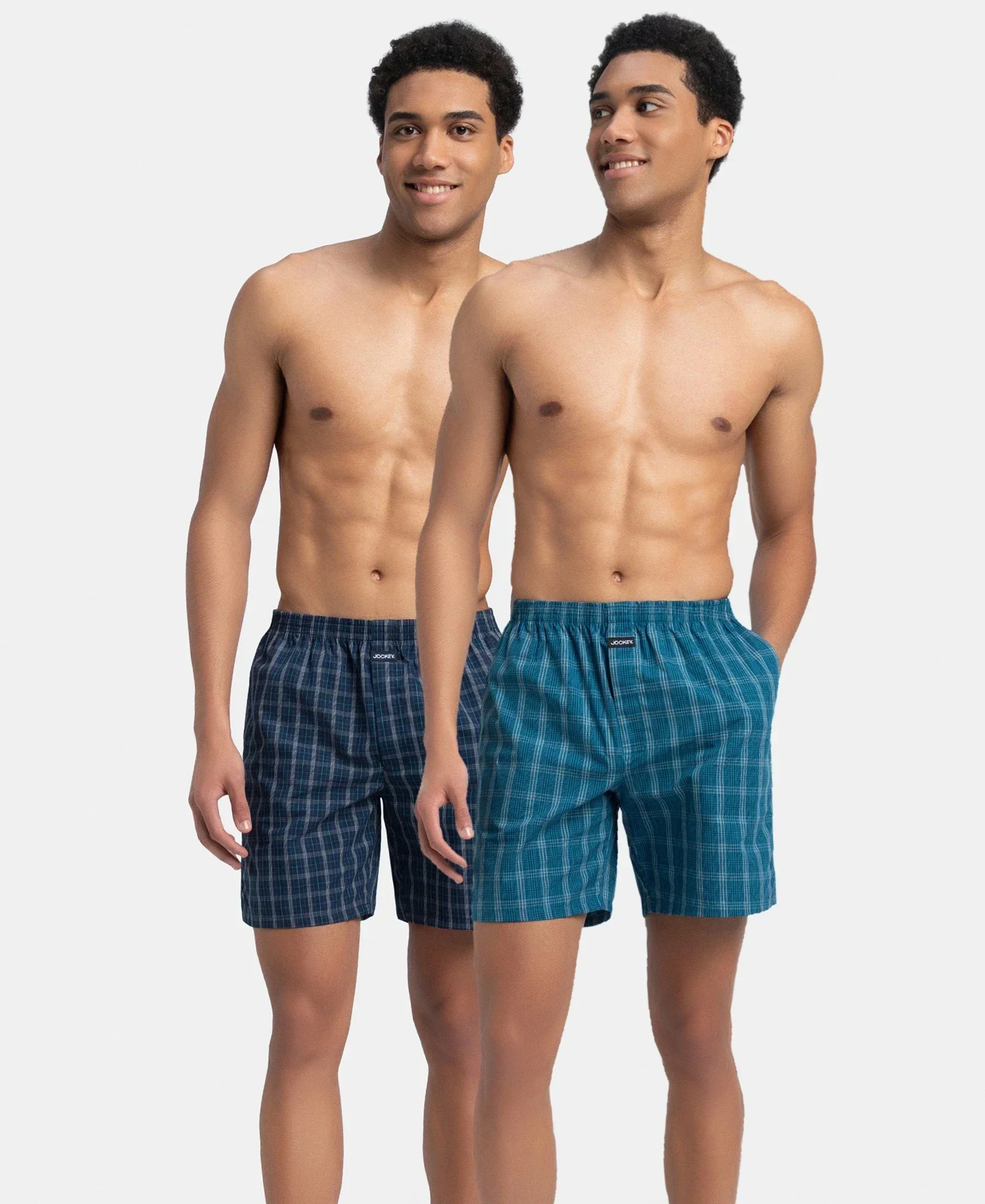 Super Combed Mercerized Cotton Woven Checkered Boxer Shorts with Side Pocket - Navy & Seaport Teal (Pack of 2) - Image 5