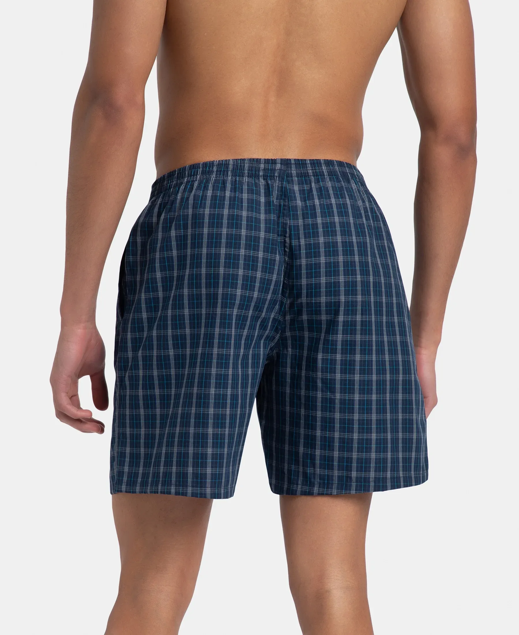 Super Combed Mercerized Cotton Woven Checkered Boxer Shorts with Side Pocket - Navy & Seaport Teal (Pack of 2) - Image 6