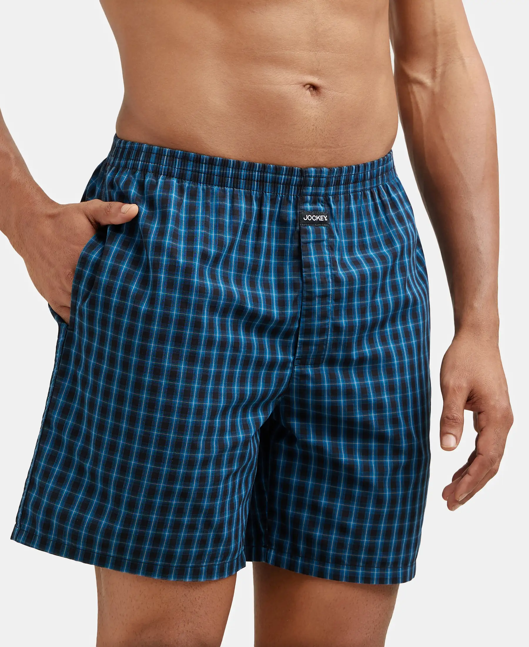 Super Combed Mercerized Cotton Woven Checkered Boxer Shorts with Side Pocket - Seaport Teal & Black(Pack of 2) - Image 6