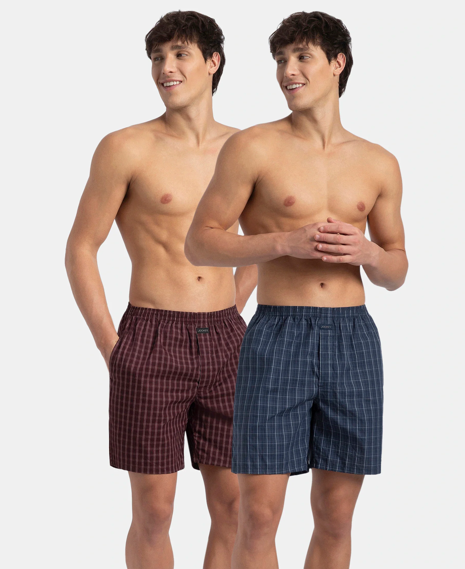 Super Combed Mercerized Cotton Woven Checkered Boxer Shorts with Side Pocket - Tawny Port & Vintage Indigo (Pack of 2) - Image 5