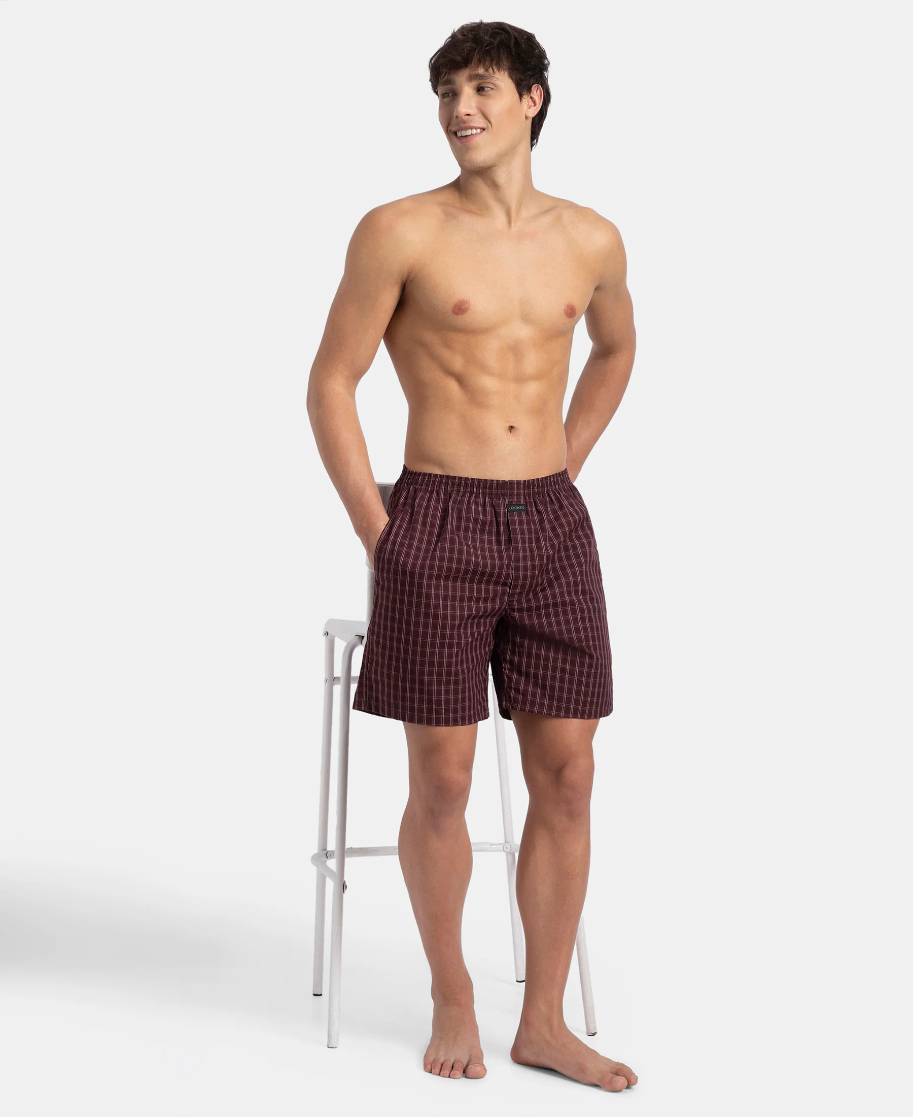 Super Combed Mercerized Cotton Woven Checkered Boxer Shorts with Side Pocket - Tawny Port & Vintage Indigo (Pack of 2) - Image 9