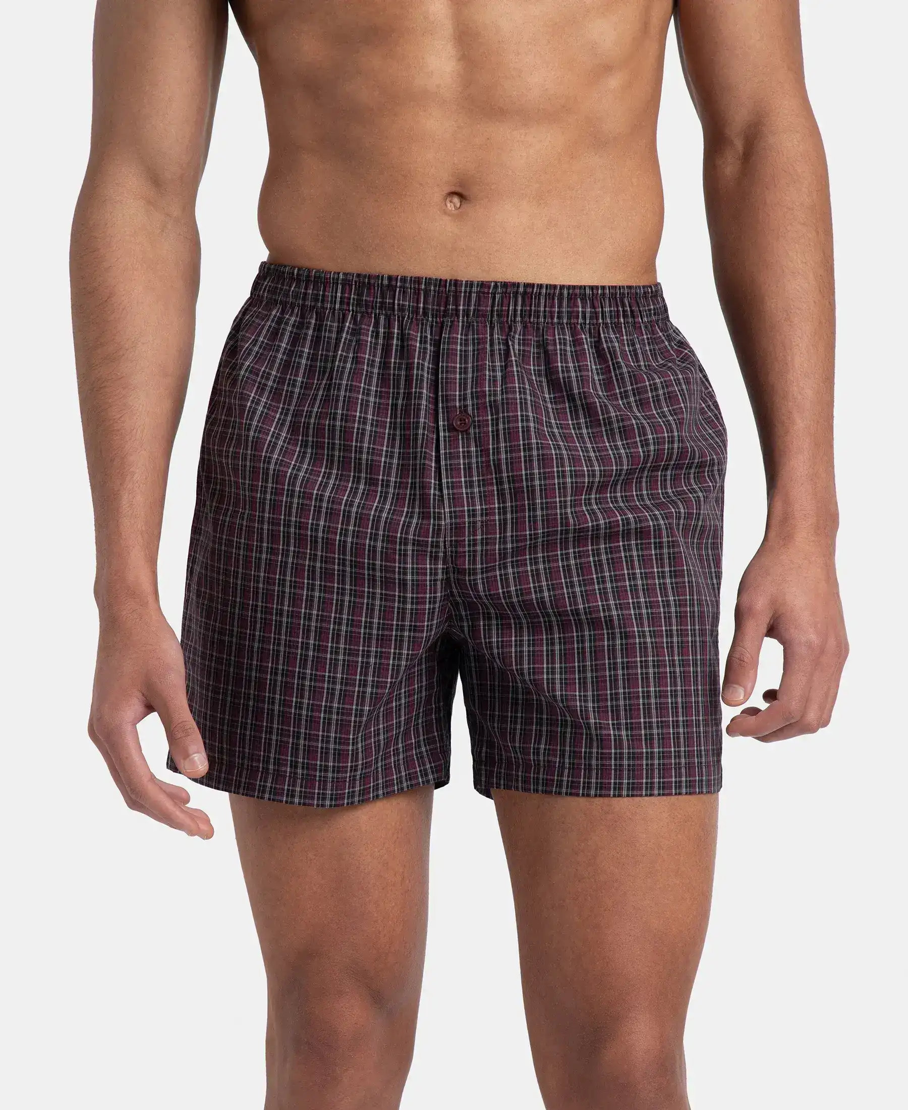 Super Combed Mercerized Cotton Woven Checkered Inner Boxers with Ultrasoft and Durable Inner Waistband - Black & Mauve Wine New (Pack of 2) - Image 2