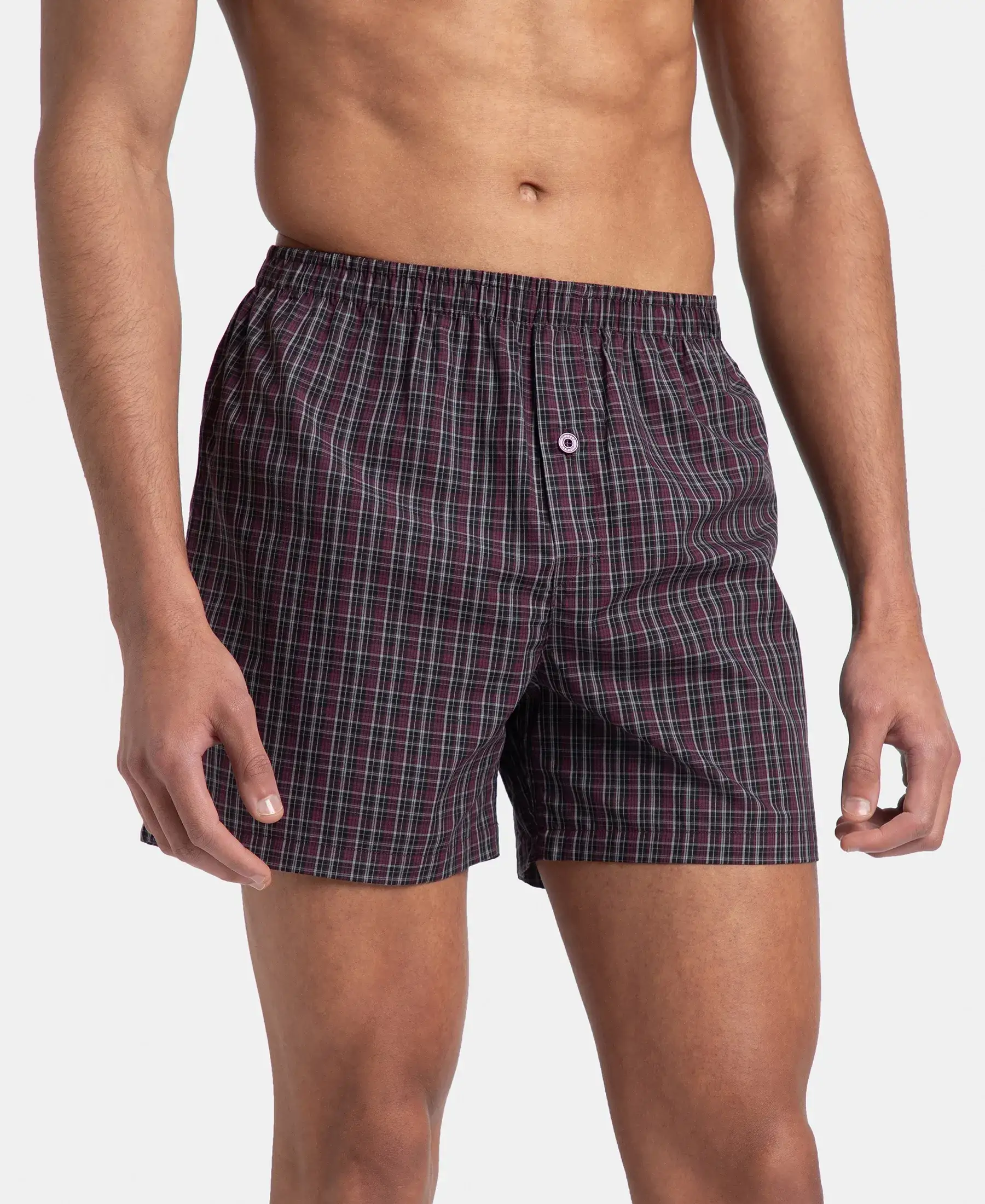 Super Combed Mercerized Cotton Woven Checkered Inner Boxers with Ultrasoft and Durable Inner Waistband - Black & Mauve Wine New (Pack of 2) - Image 3