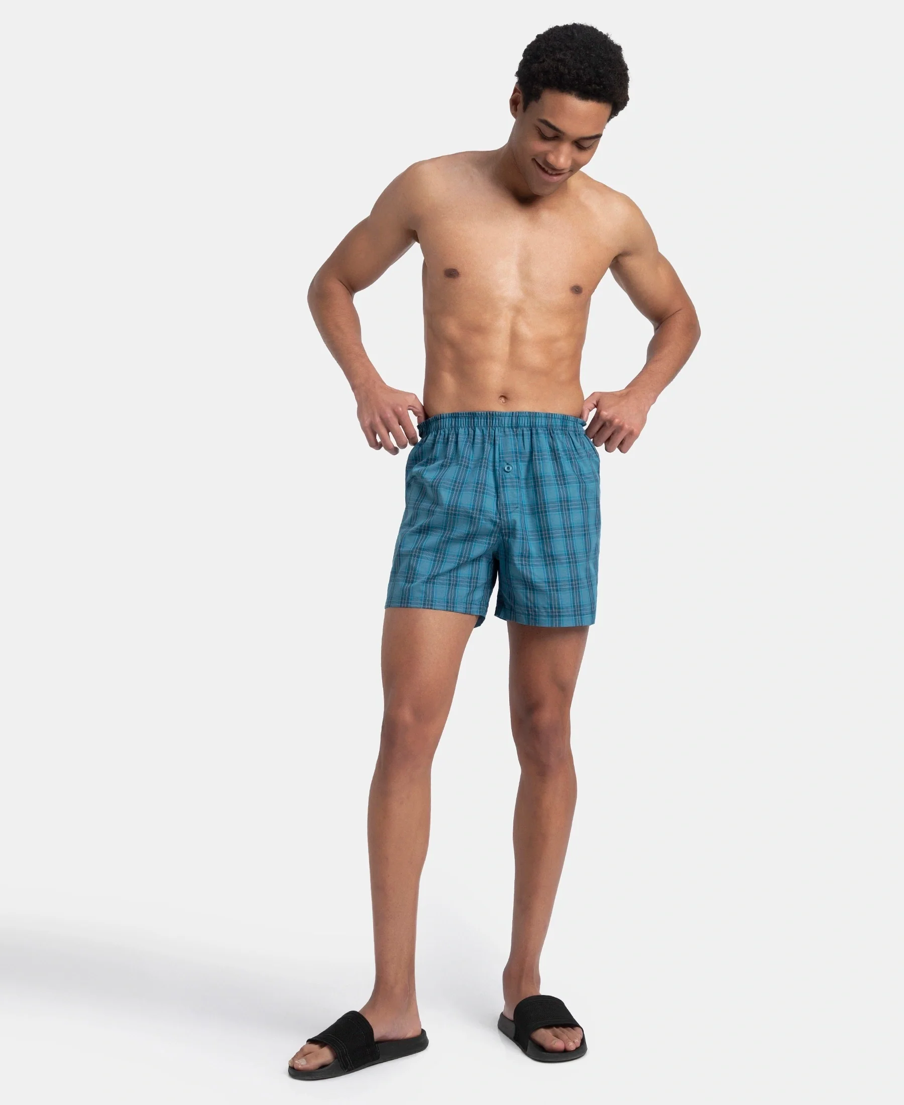 Super Combed Mercerized Cotton Woven Checkered Inner Boxers with Ultrasoft and Durable Inner Waistband - Black & Seaport Teal (Pack of 2) - Image 4