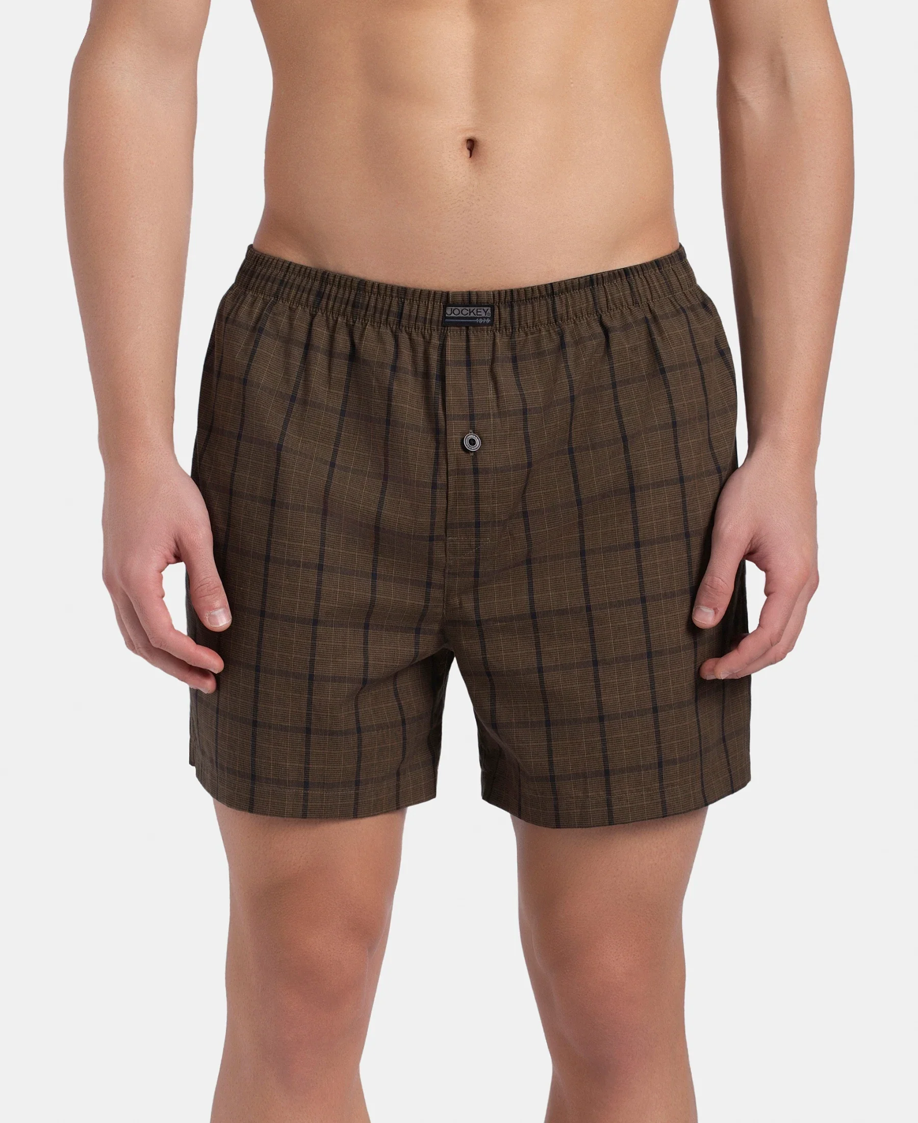 Super Combed Mercerized Cotton Woven Checkered Inner Boxers with Ultrasoft and Durable Inner Waistband - Dark Khaki & Sepia (Pack of 2) - Image 2