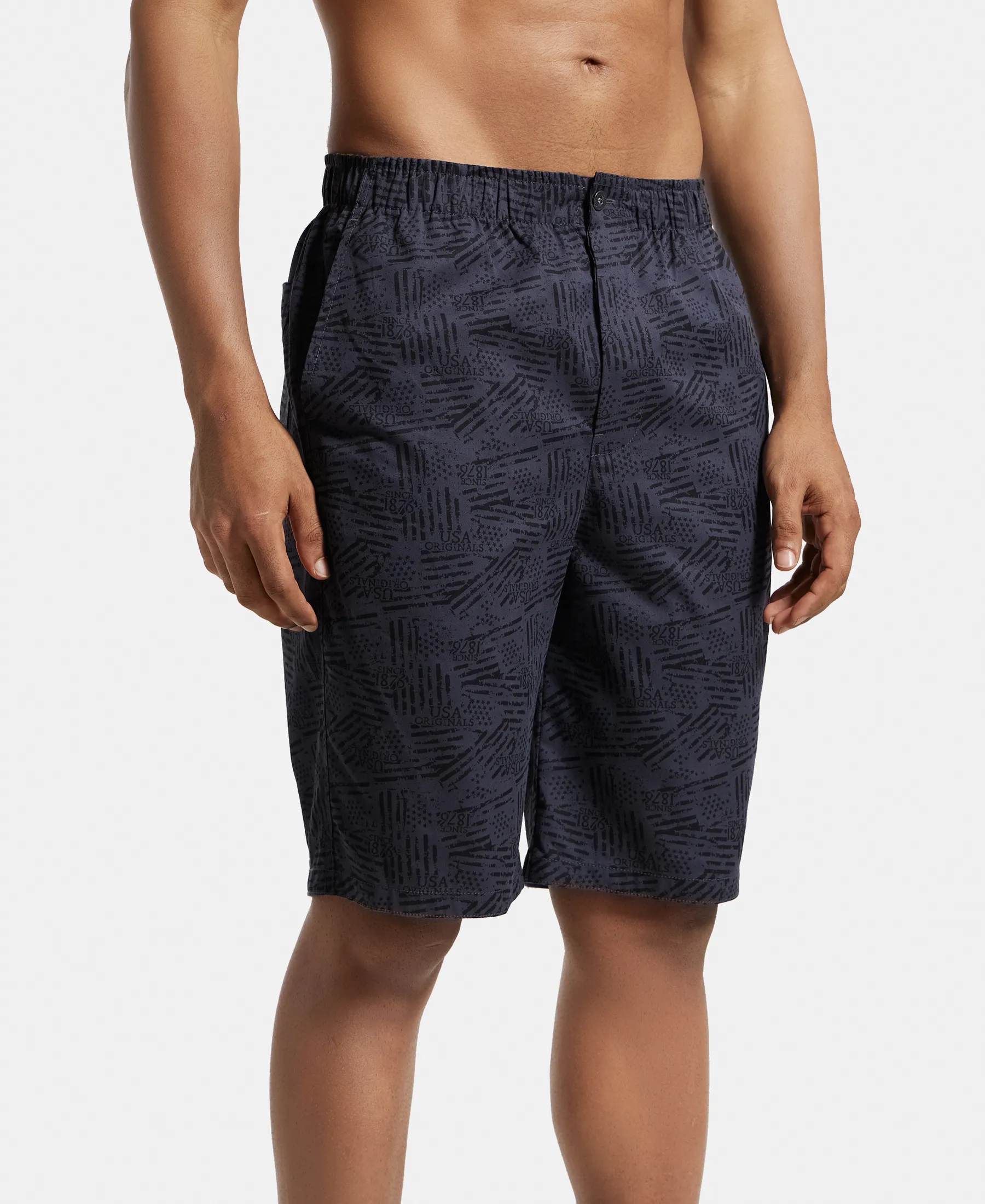 Super Combed Mercerized Cotton Woven Fabric Bermuda with Side Pockets - Graphite Printed - Image 2