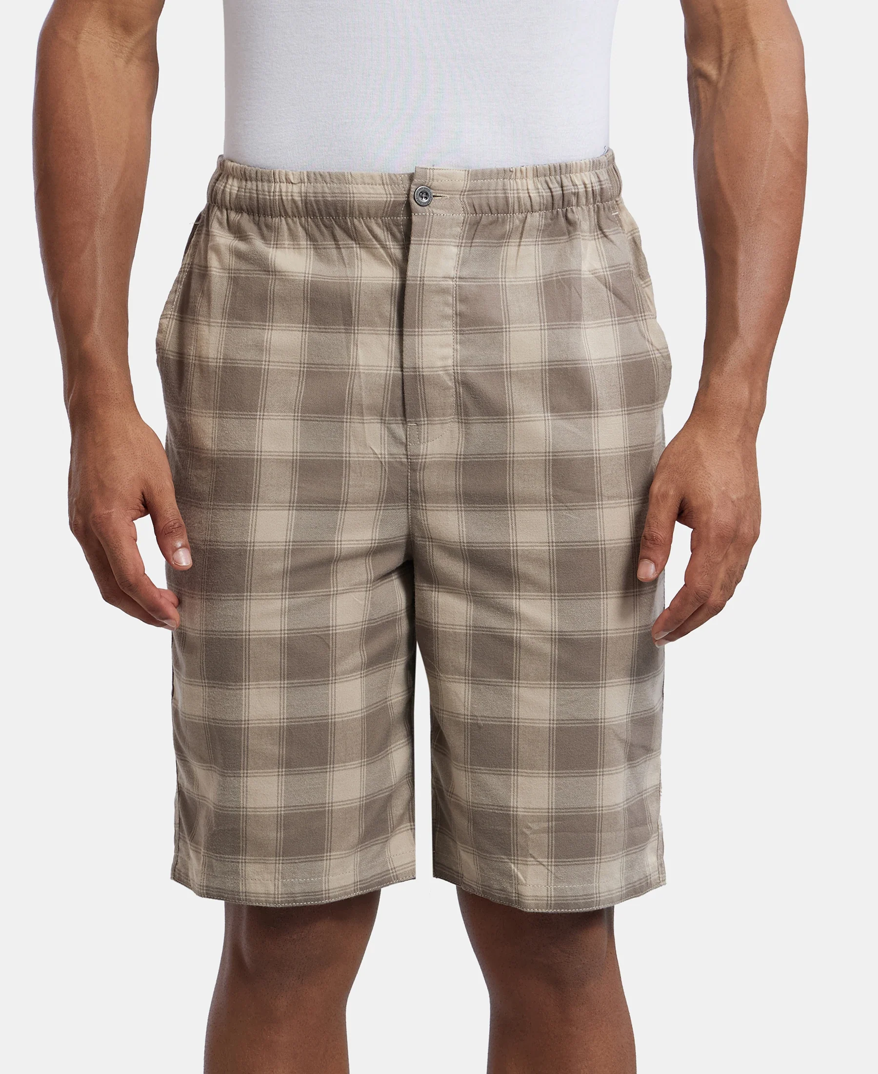 Super Combed Mercerized Cotton Woven Fabric Bermuda with Side Pockets - Khaki & Dark Khaki