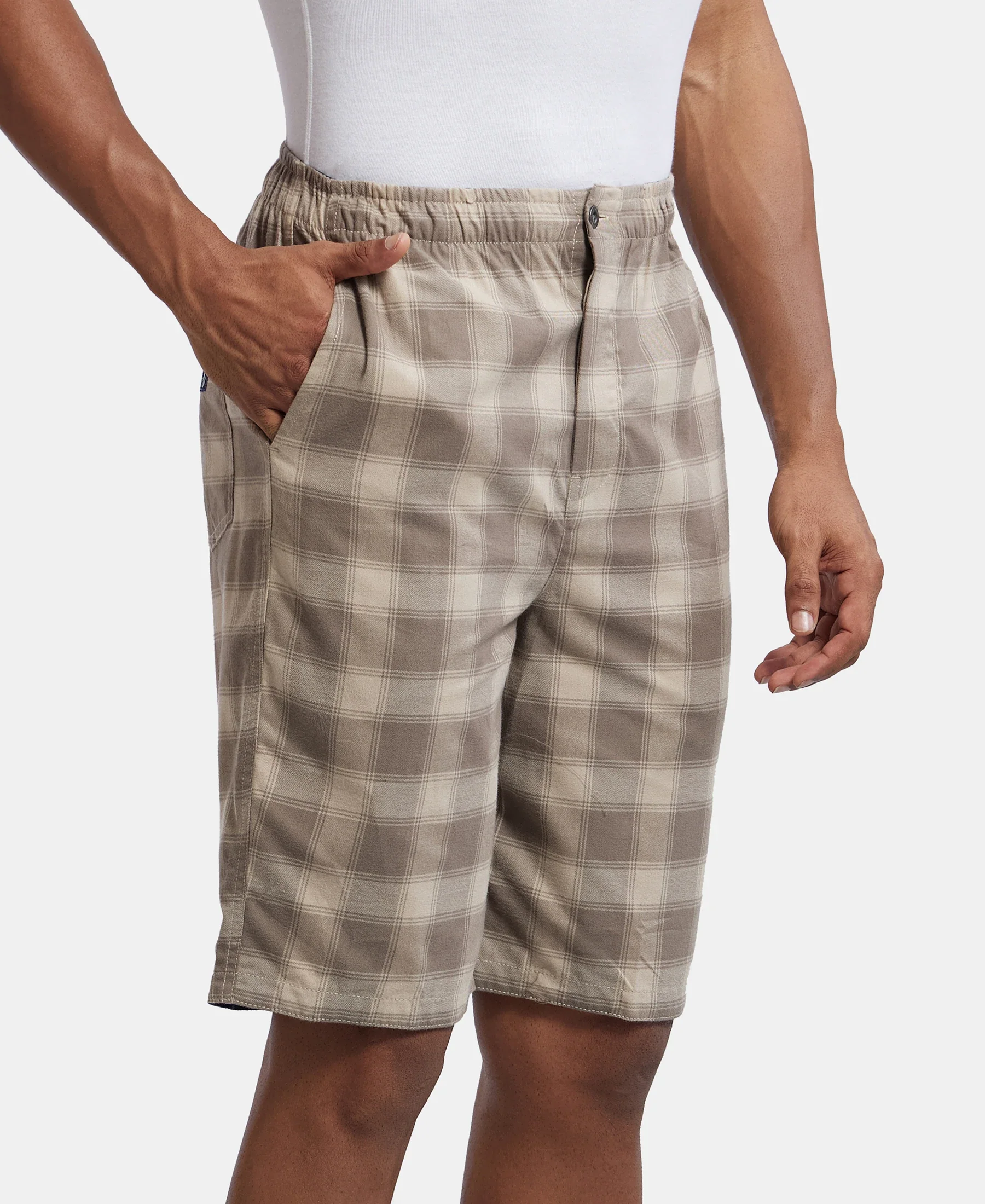 Super Combed Mercerized Cotton Woven Fabric Bermuda with Side Pockets - Khaki & Dark Khaki - Image 2