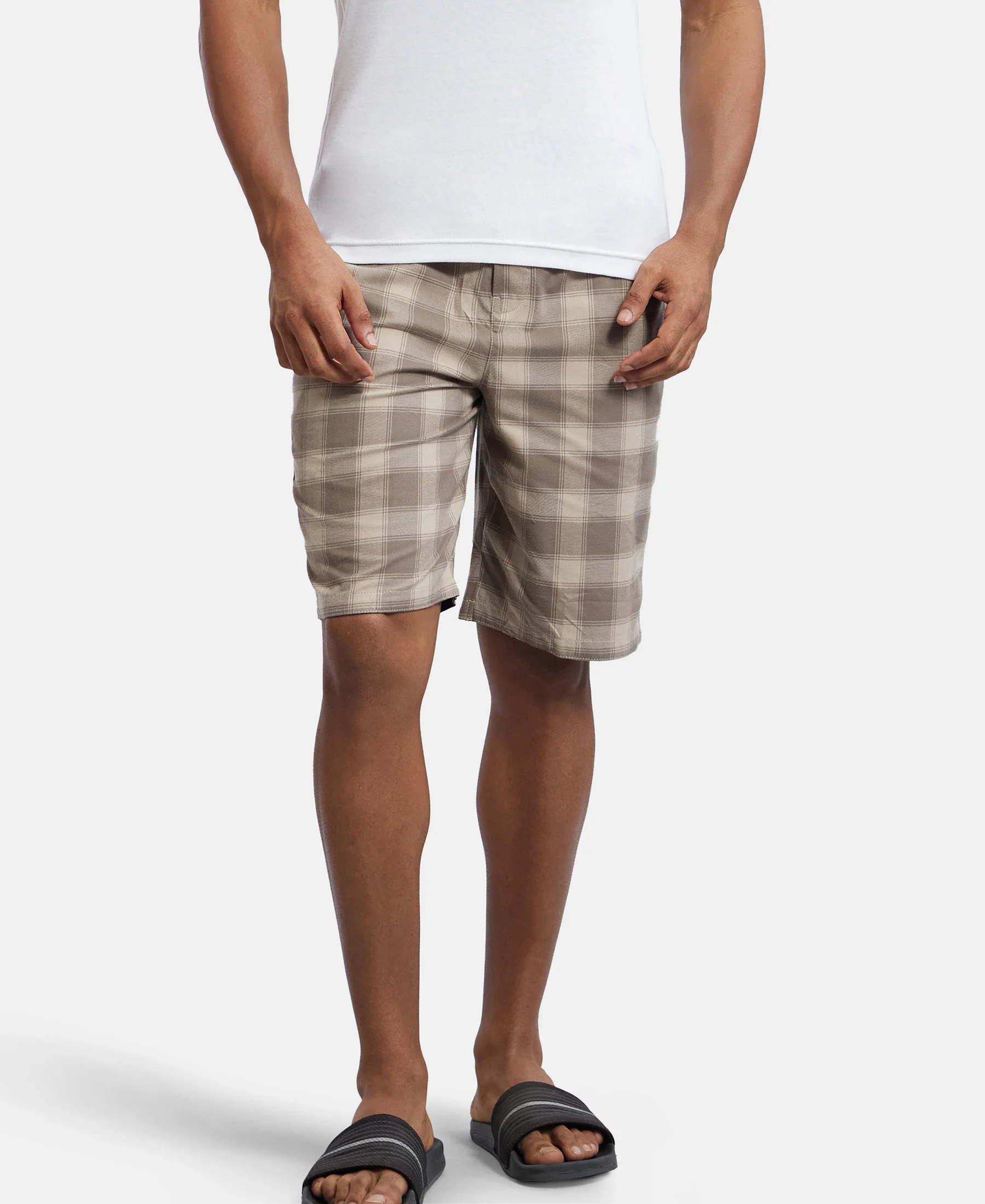 Super Combed Mercerized Cotton Woven Fabric Bermuda with Side Pockets - Khaki & Dark Khaki - Image 5