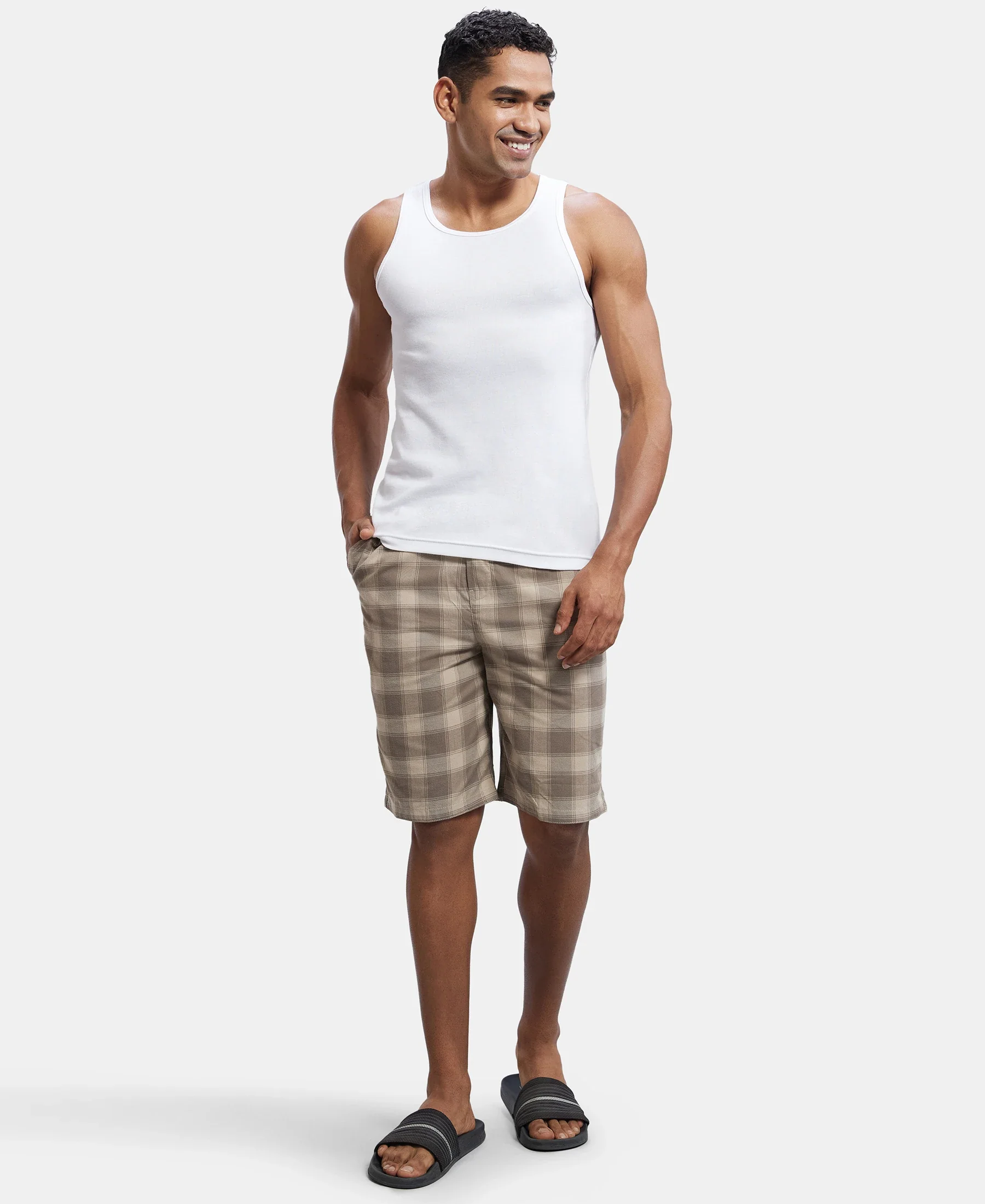 Super Combed Mercerized Cotton Woven Fabric Bermuda with Side Pockets - Khaki & Dark Khaki - Image 6