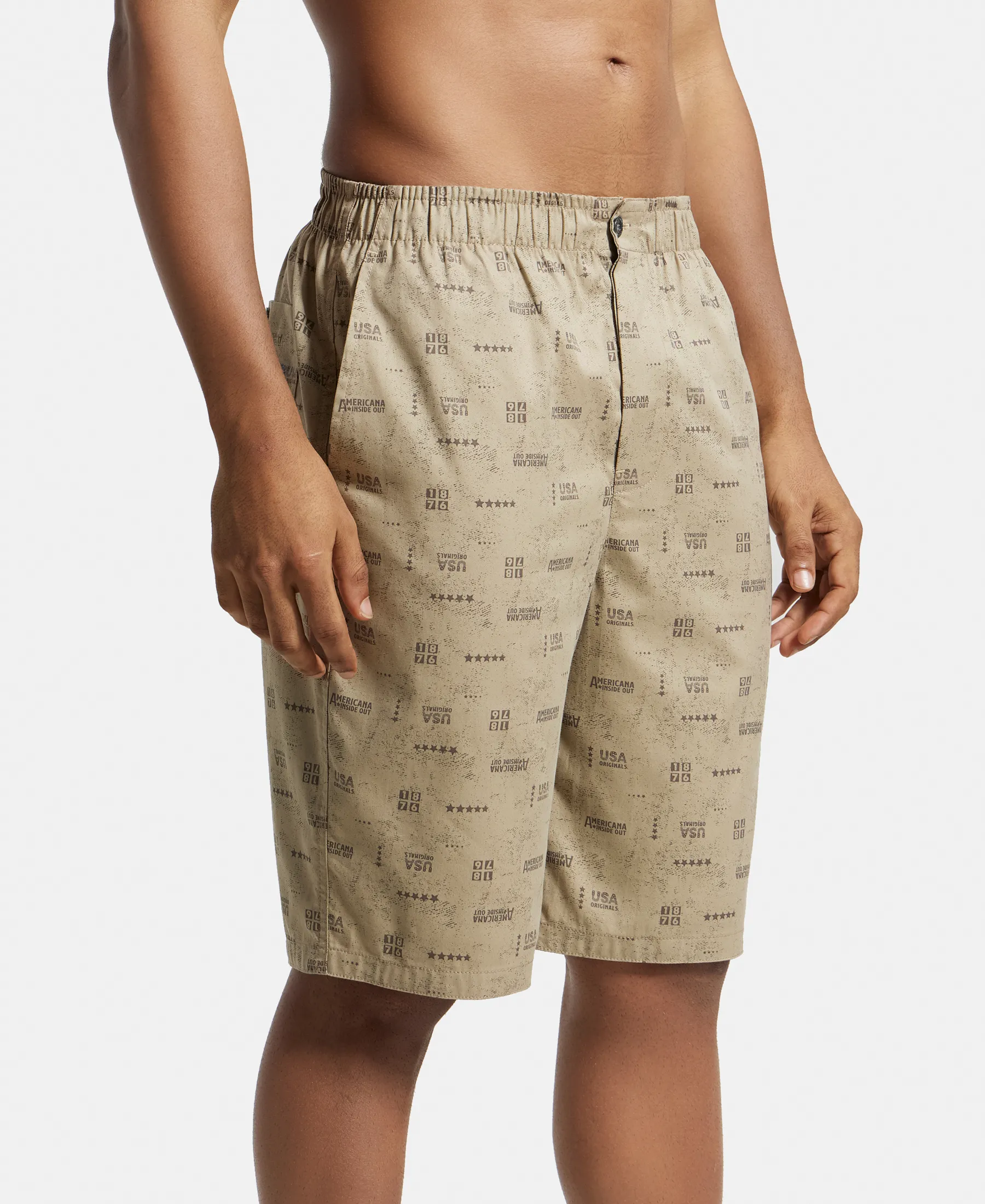 Super Combed Mercerized Cotton Woven Fabric Bermuda with Side Pockets - Khaki Printed - Image 2