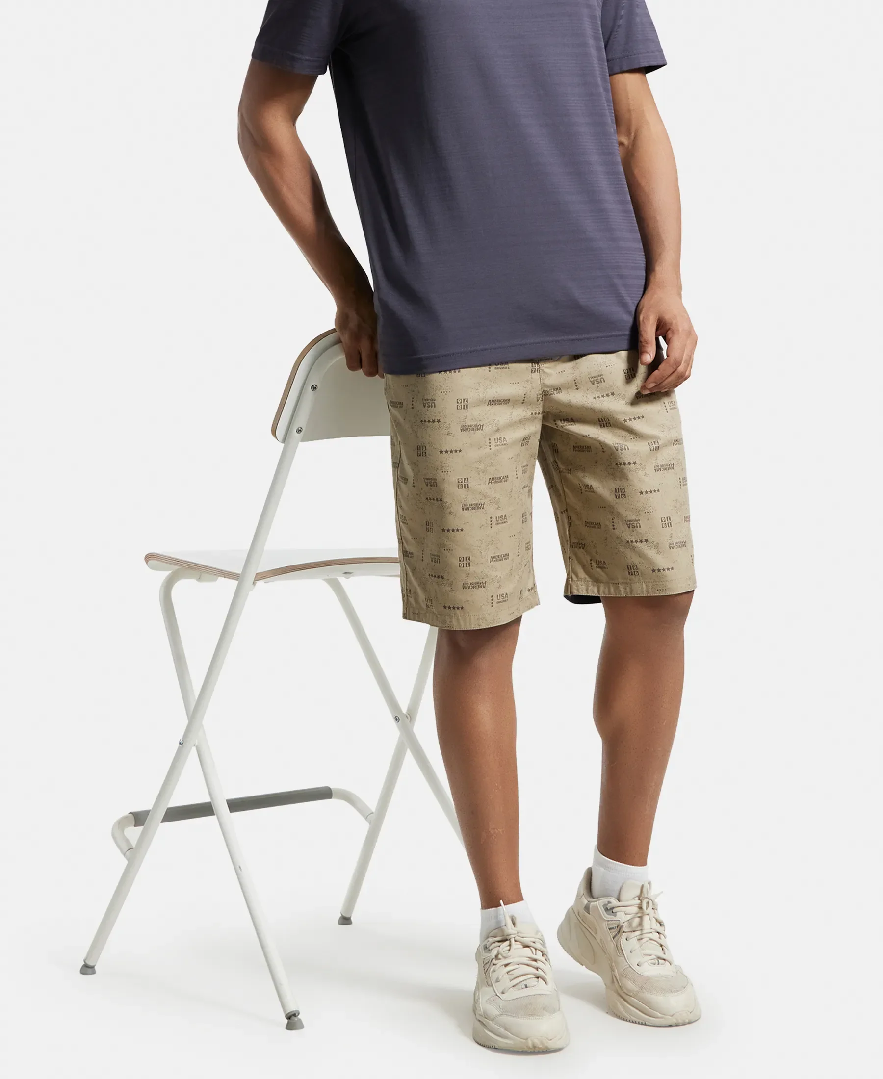 Super Combed Mercerized Cotton Woven Fabric Bermuda with Side Pockets - Khaki Printed - Image 5