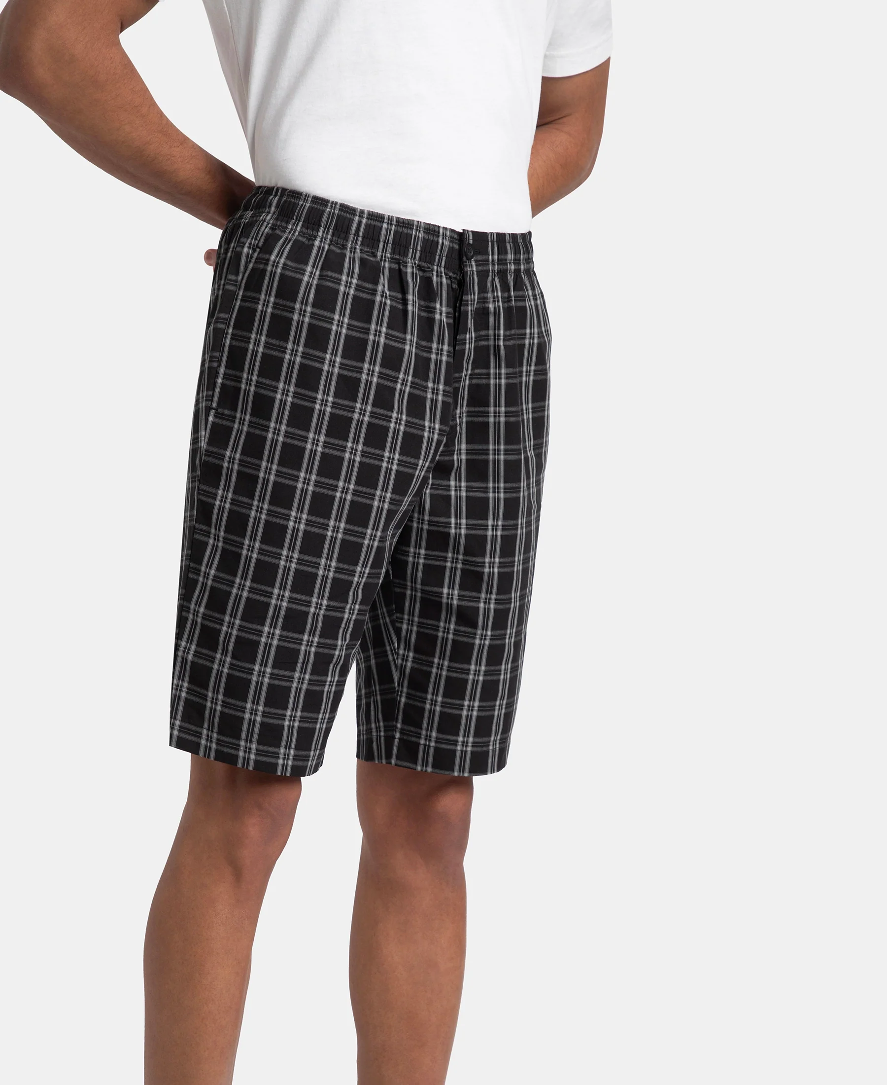 Super Combed Mercerized Cotton Woven Fabric Regular Fit Checkered Bermuda with Side Pockets - Black & White - Image 2