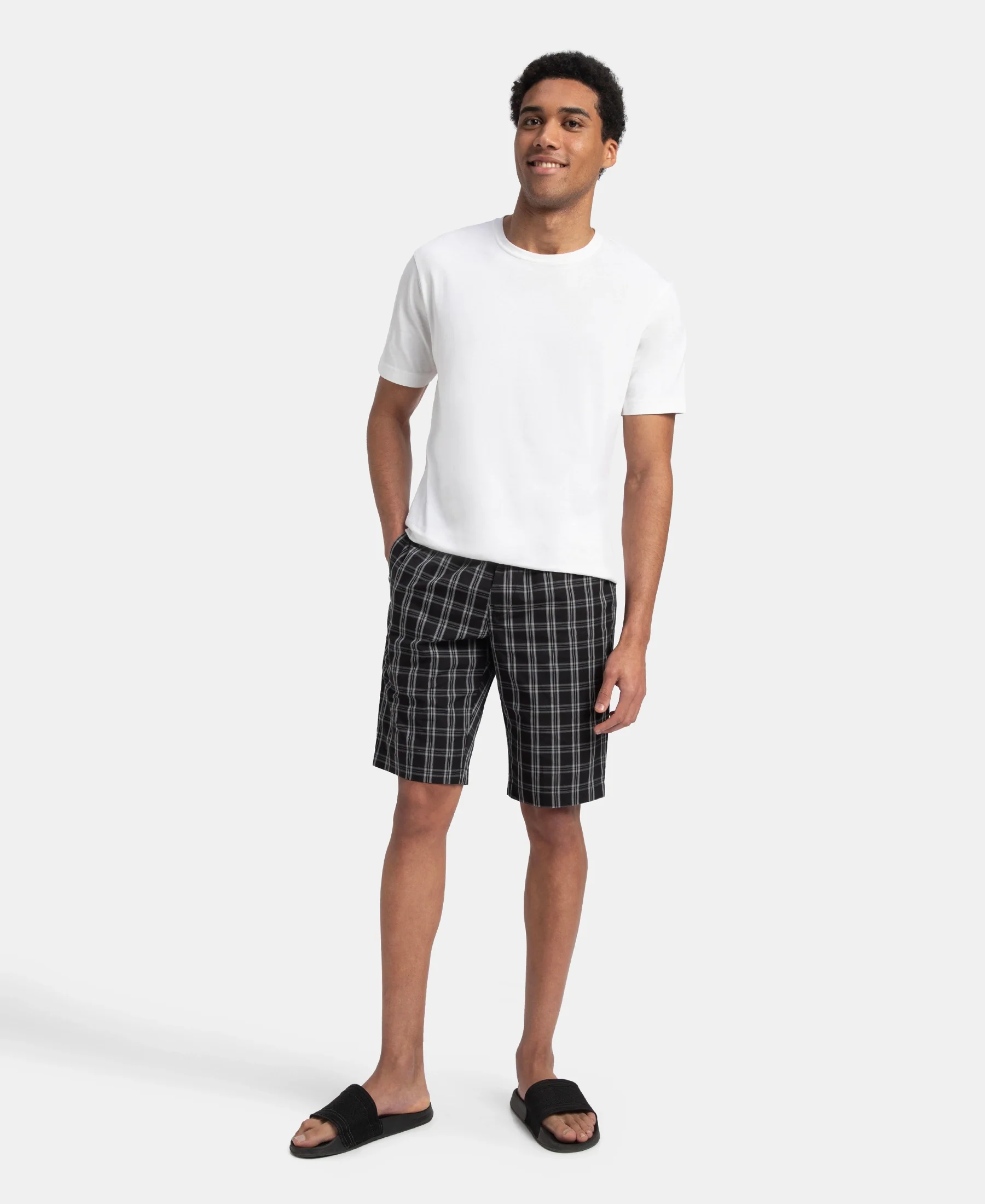 Super Combed Mercerized Cotton Woven Fabric Regular Fit Checkered Bermuda with Side Pockets - Black & White - Image 4