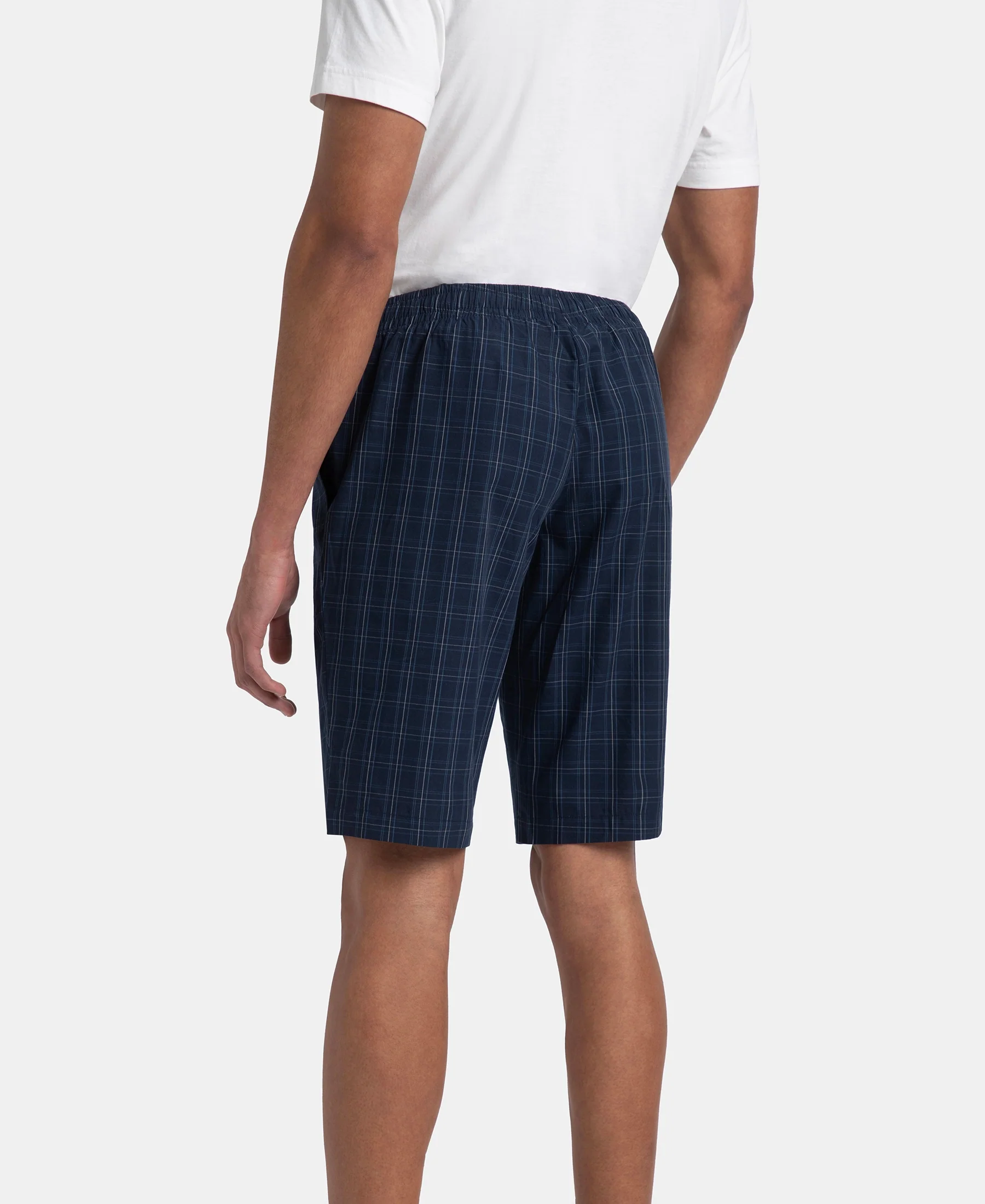 Super Combed Mercerized Cotton Woven Fabric Regular Fit Checkered Bermuda with Side Pockets - Navy & Grey - Image 3