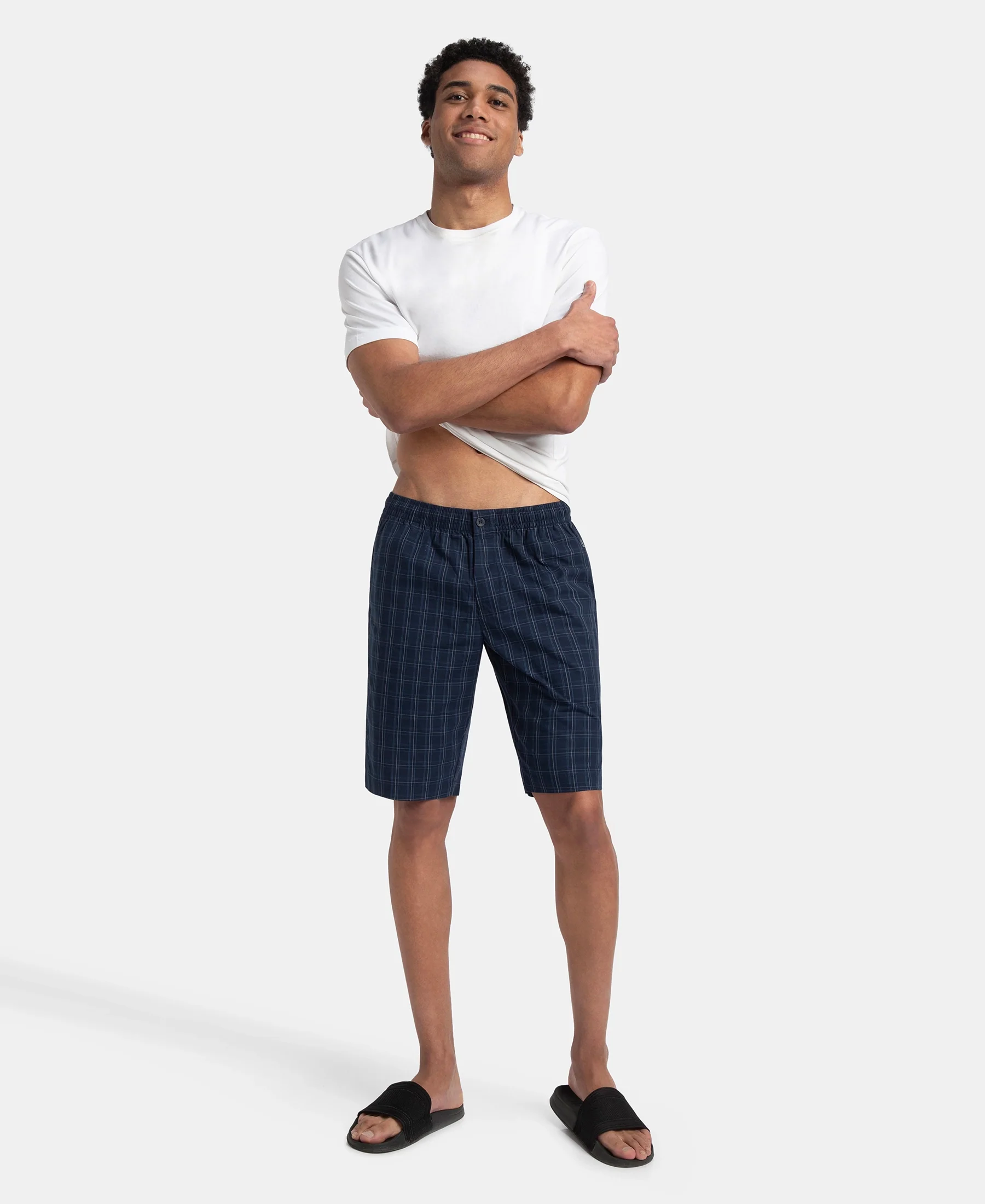 Super Combed Mercerized Cotton Woven Fabric Regular Fit Checkered Bermuda with Side Pockets - Navy & Grey - Image 4