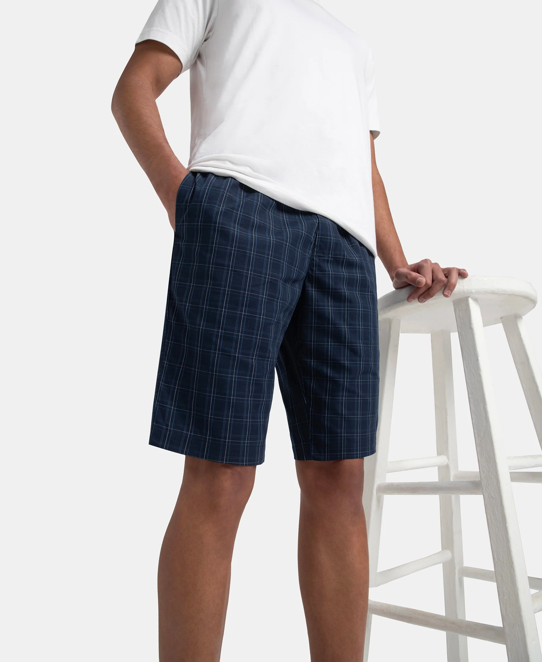 Super Combed Mercerized Cotton Woven Fabric Regular Fit Checkered Bermuda with Side Pockets - Navy & Grey - Image 5
