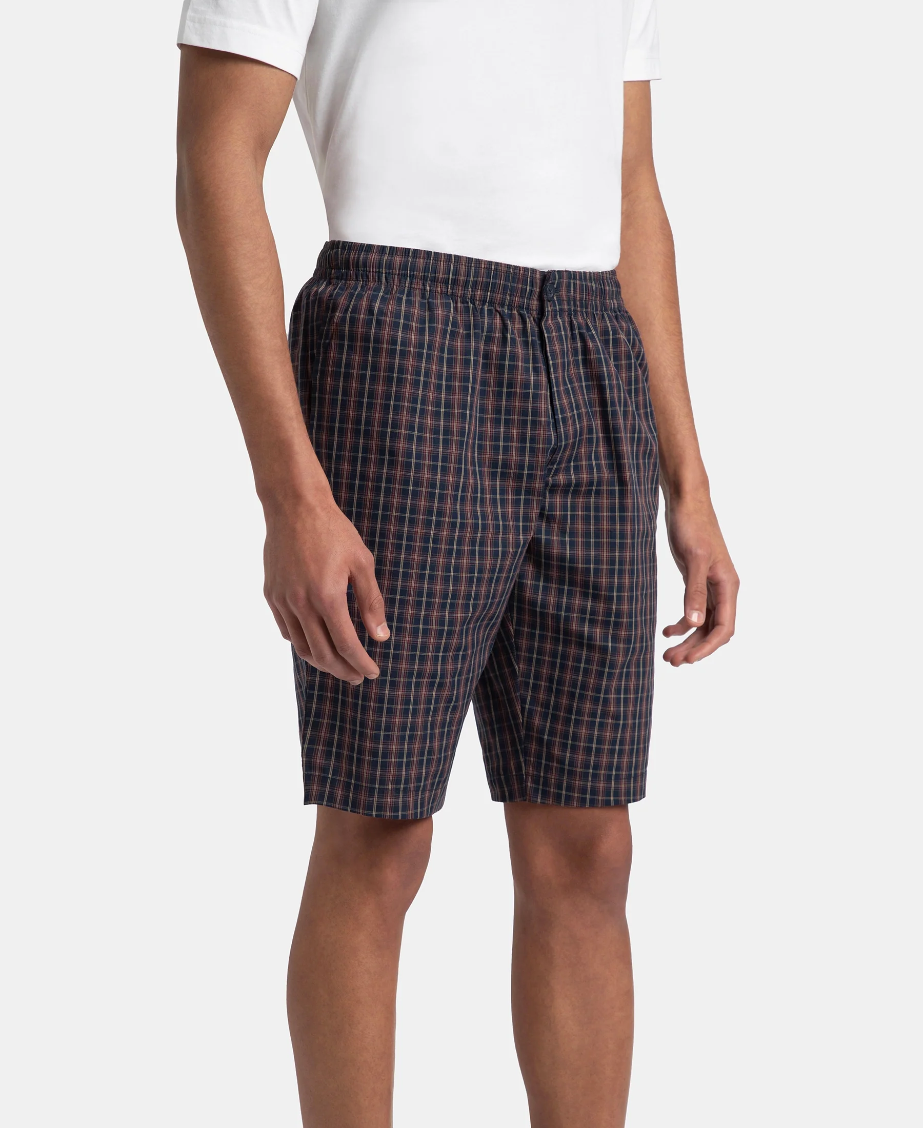 Super Combed Mercerized Cotton Woven Fabric Regular Fit Checkered Bermuda with Side Pockets - Navy & Maroon - Image 2