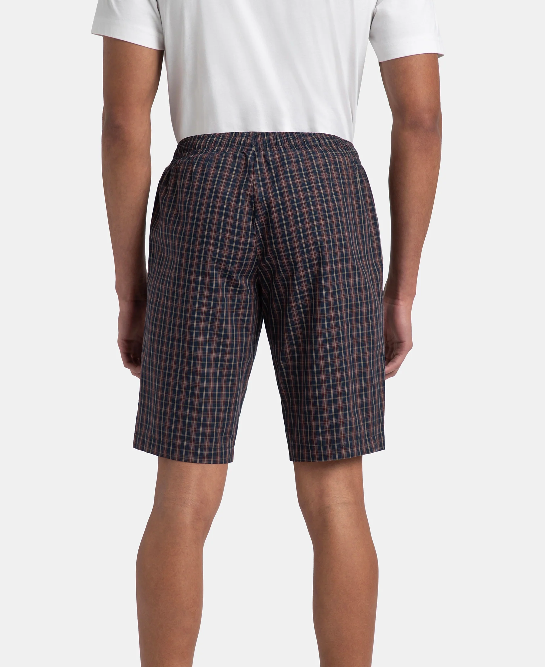 Super Combed Mercerized Cotton Woven Fabric Regular Fit Checkered Bermuda with Side Pockets - Navy & Maroon - Image 3