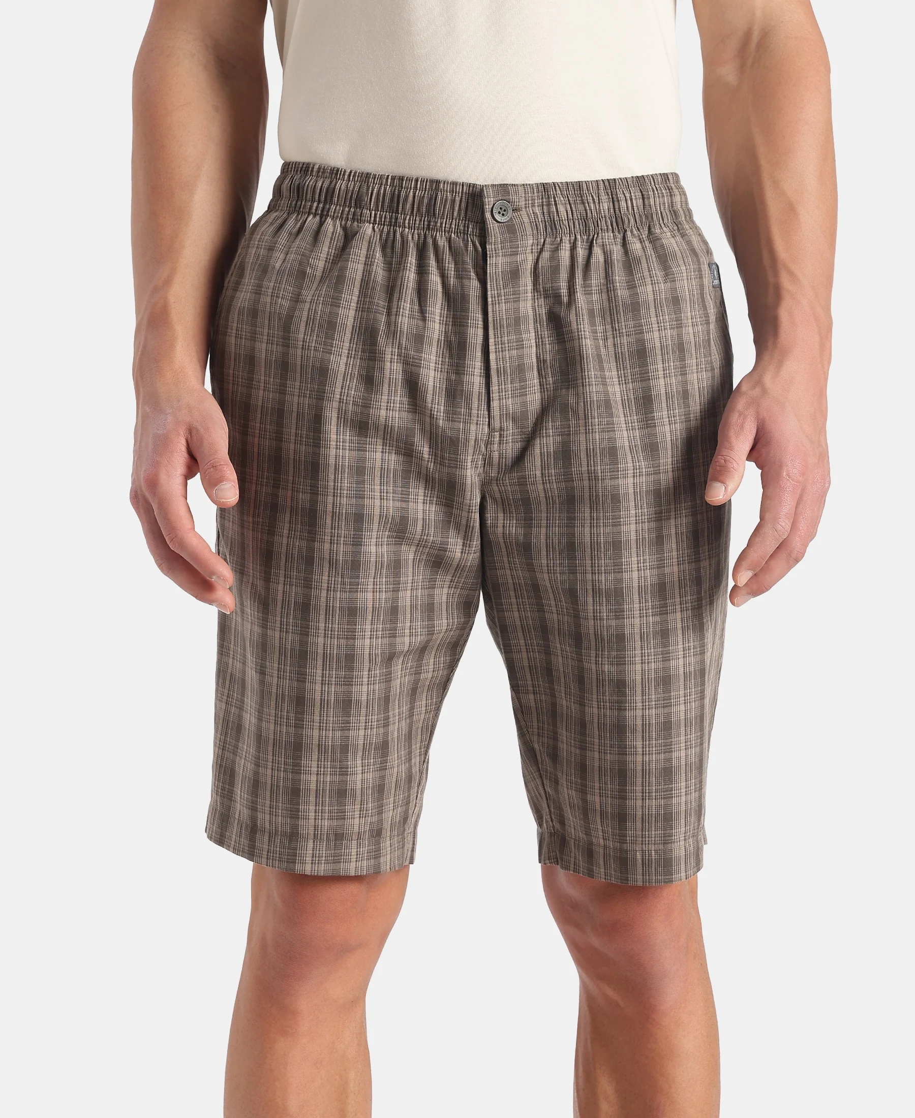 Super Combed Mercerized Cotton Woven Fabric Regular Fit Checkered Bermuda with Side Pockets - New Black Olive
