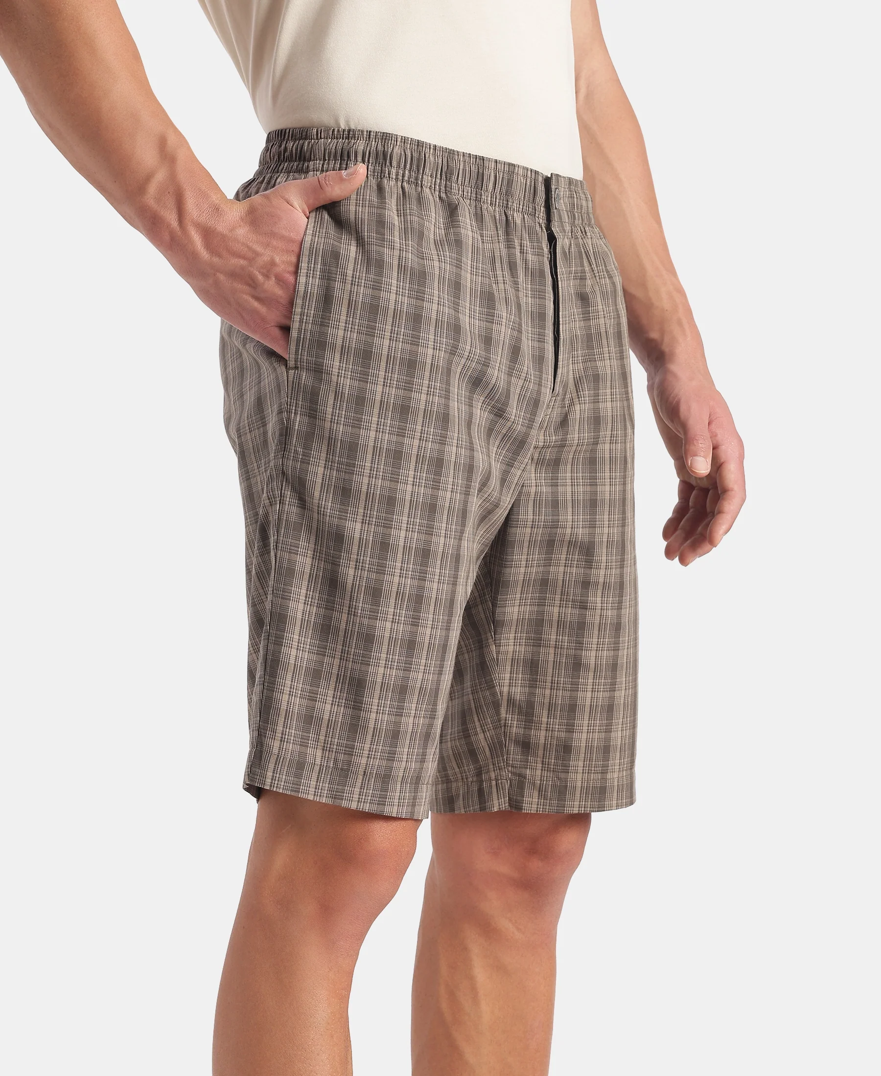 Super Combed Mercerized Cotton Woven Fabric Regular Fit Checkered Bermuda with Side Pockets - New Black Olive - Image 2