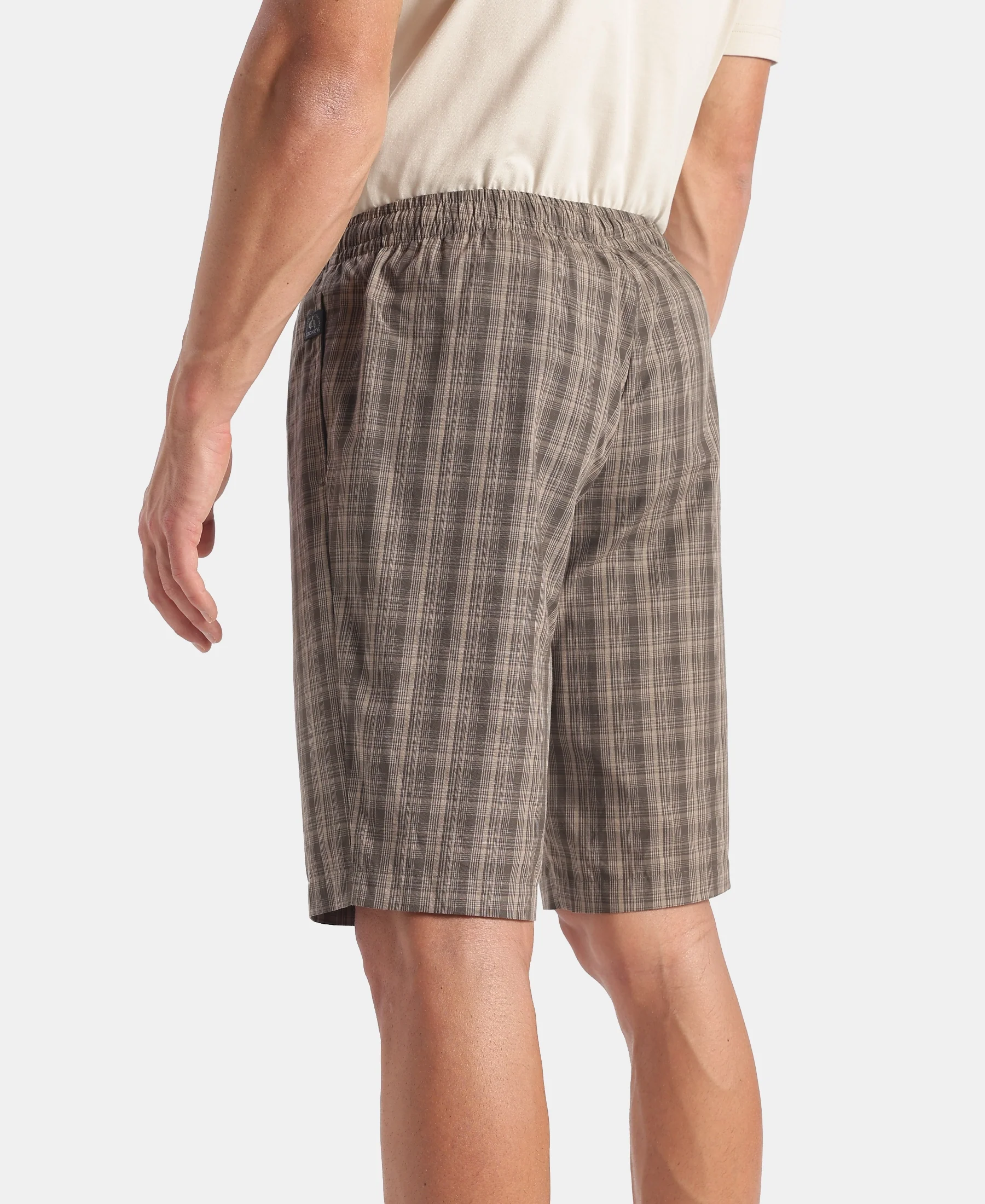 Super Combed Mercerized Cotton Woven Fabric Regular Fit Checkered Bermuda with Side Pockets - New Black Olive - Image 3