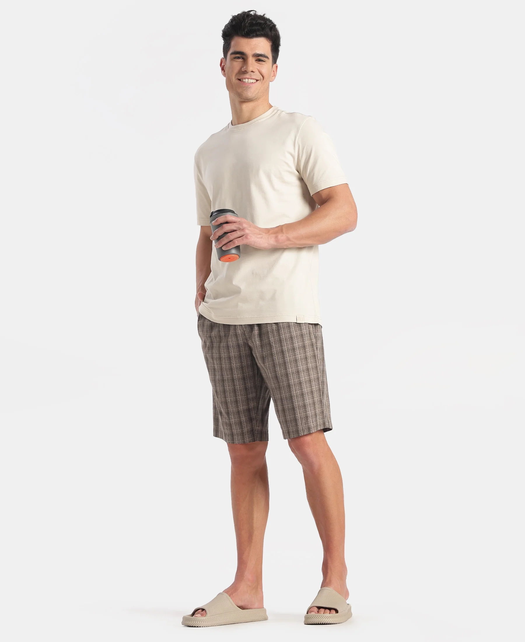 Super Combed Mercerized Cotton Woven Fabric Regular Fit Checkered Bermuda with Side Pockets - New Black Olive - Image 4