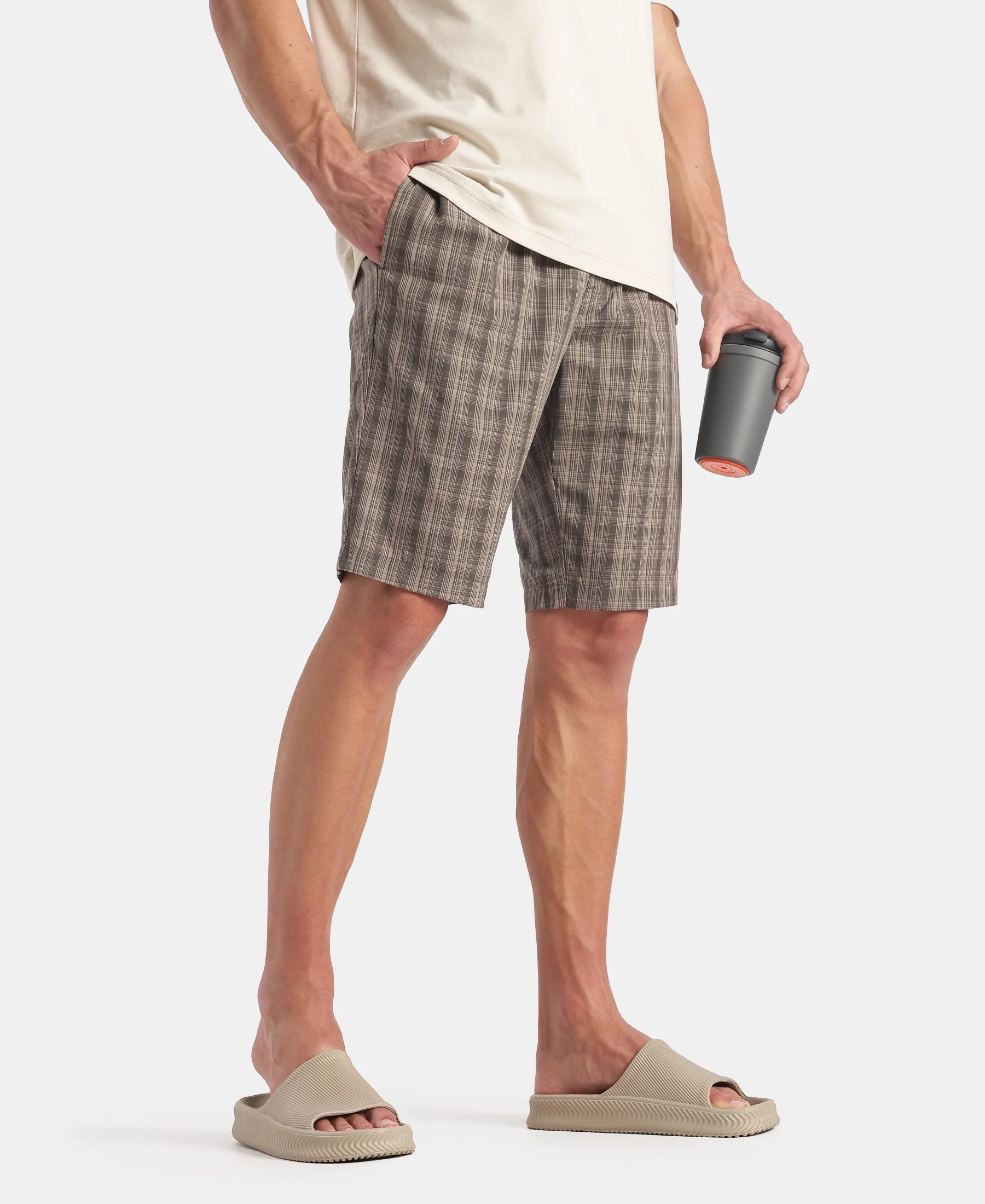 Super Combed Mercerized Cotton Woven Fabric Regular Fit Checkered Bermuda with Side Pockets - New Black Olive - Image 5