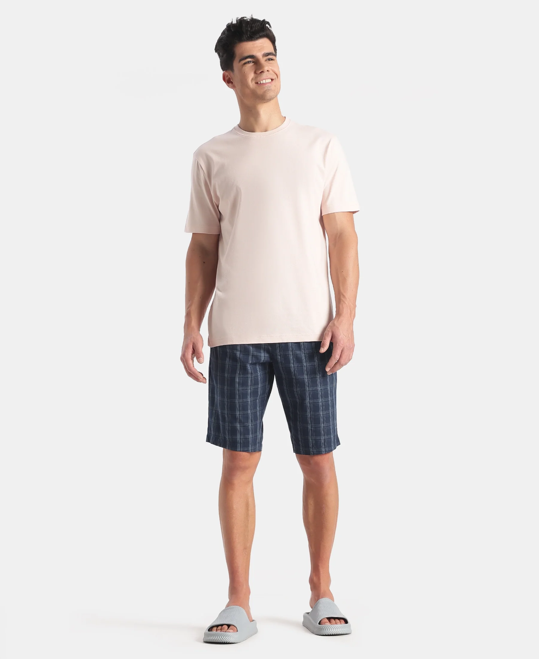 Super Combed Mercerized Cotton Woven Fabric Regular Fit Checkered Bermuda with Side Pockets - New Navy - Image 4