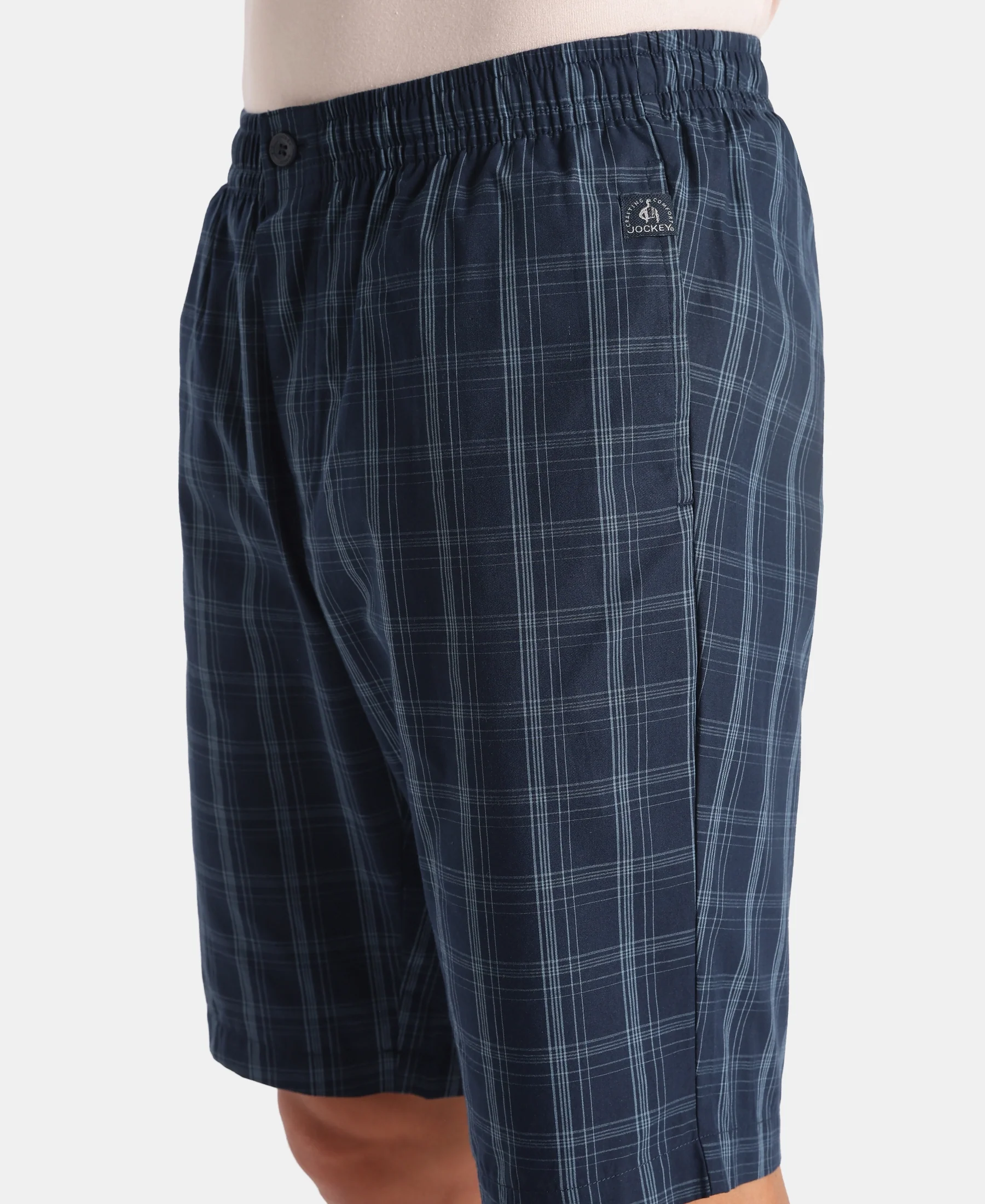 Super Combed Mercerized Cotton Woven Fabric Regular Fit Checkered Bermuda with Side Pockets - New Navy - Image 6
