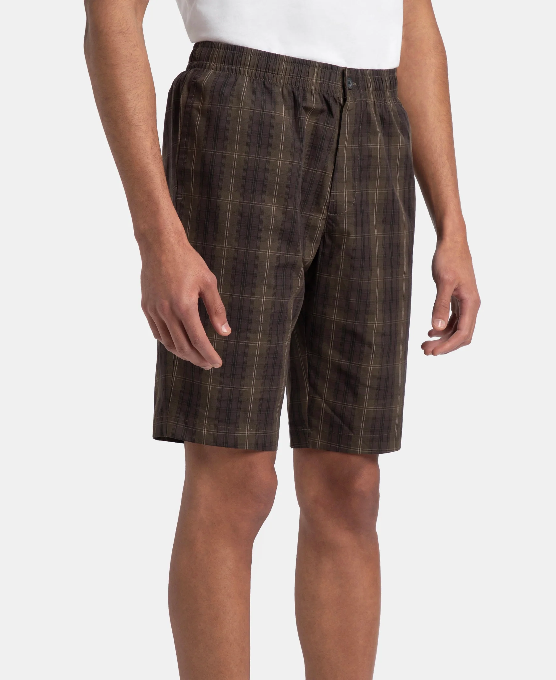 Super Combed Mercerized Cotton Woven Fabric Regular Fit Checkered Bermuda with Side Pockets - Olive Black - Image 2
