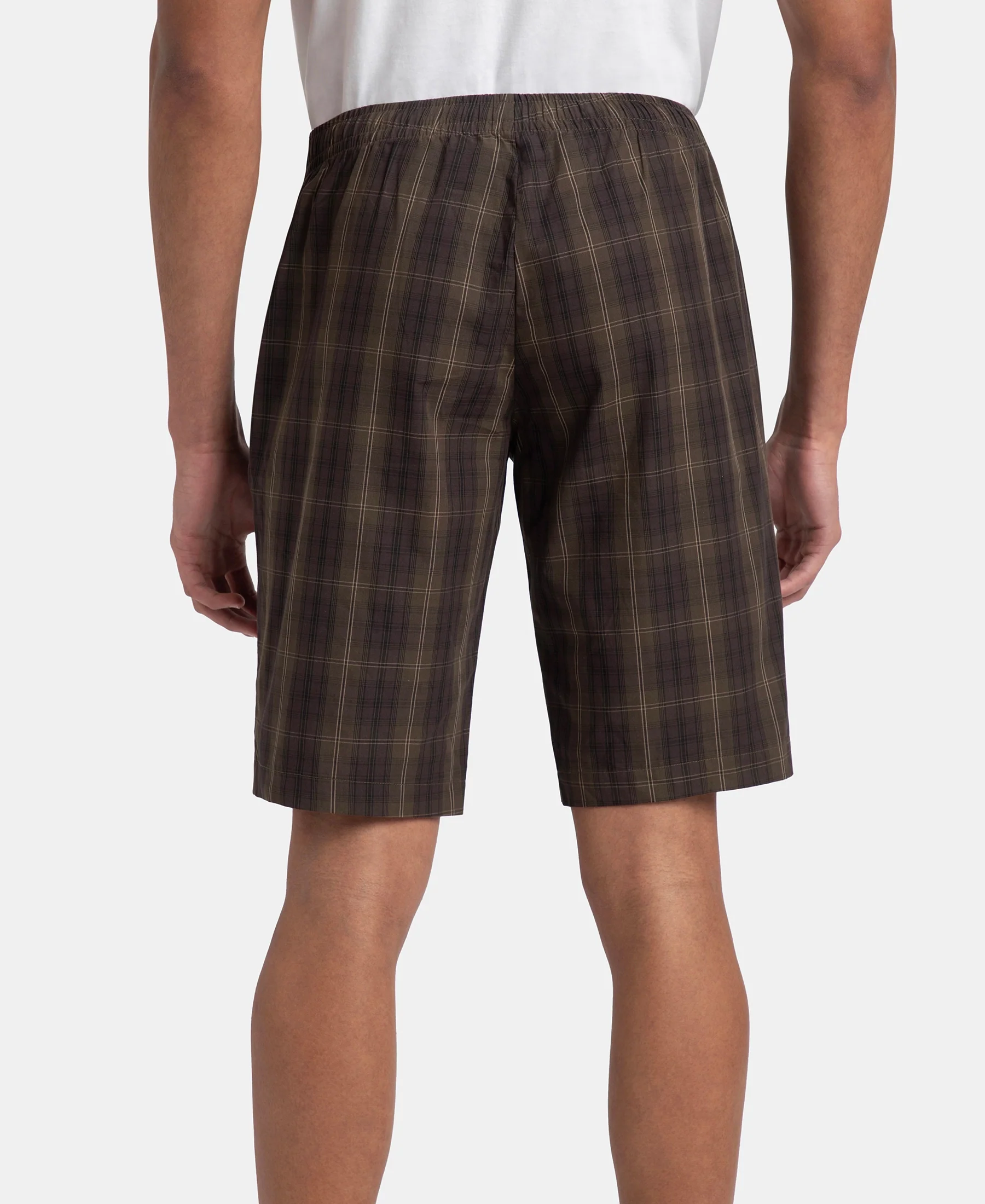 Super Combed Mercerized Cotton Woven Fabric Regular Fit Checkered Bermuda with Side Pockets - Olive Black - Image 3